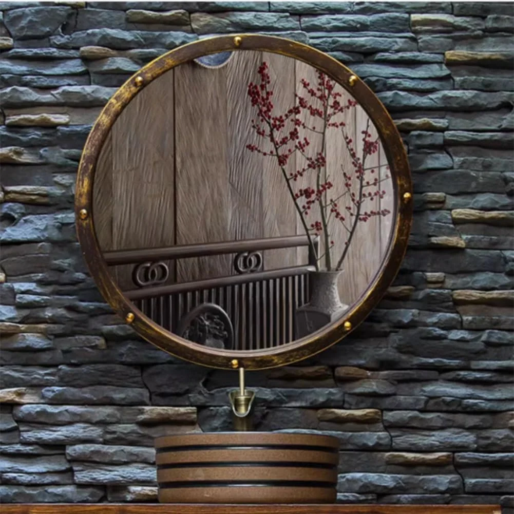 آینه تزئینی گرد KXWOQ3ED، آینه دیواری وینتیج روستایی با قاب فلزی، دکوراسیون دیواری به سبک صنعتی برای حمام، اتاق خواب، اتاق نشیمن، ورودی (70 سانتی متر)