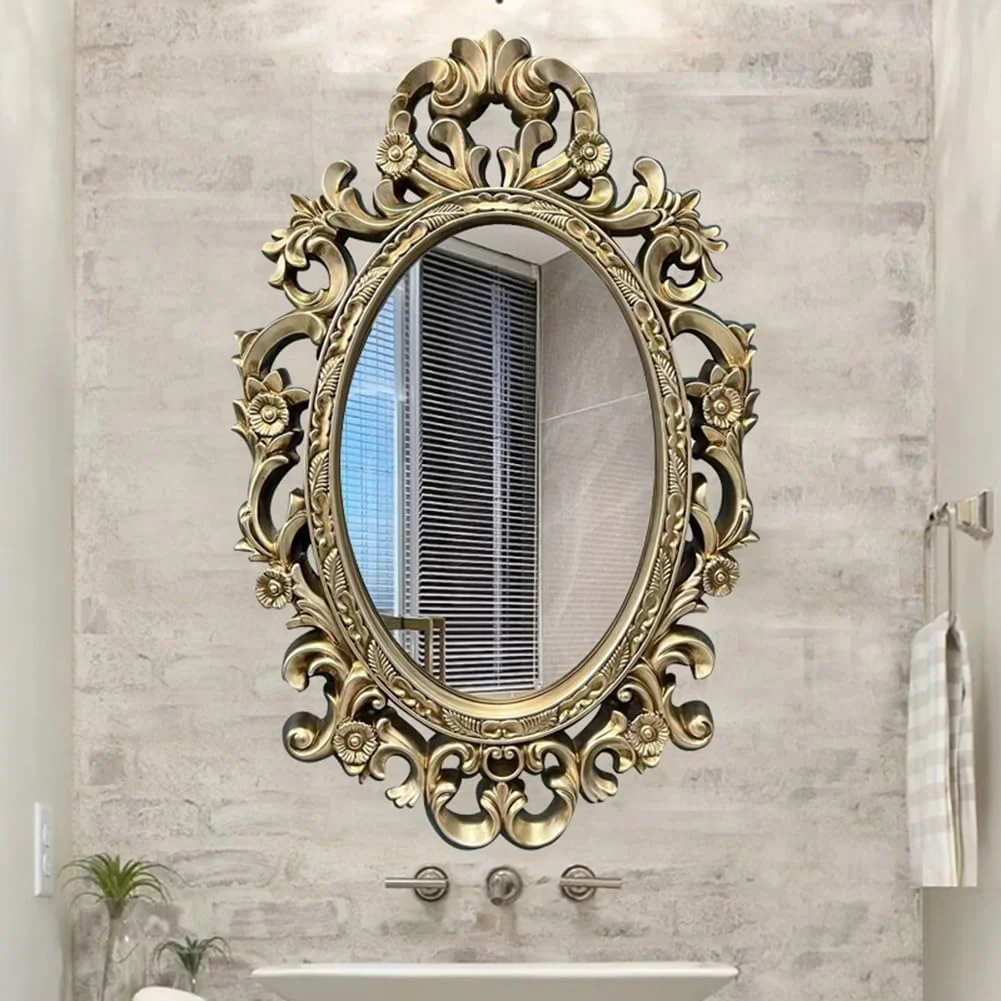 آینه دیواری نقره ای طرح قدیمی KXWOQ3ED، آینه تزئینی باروک پر نقش و نگار، آینه بیضی عتیقه آویز 100x64 سانتی متر برای اتاق نشیمن راهرو شومینه حمام ورودی