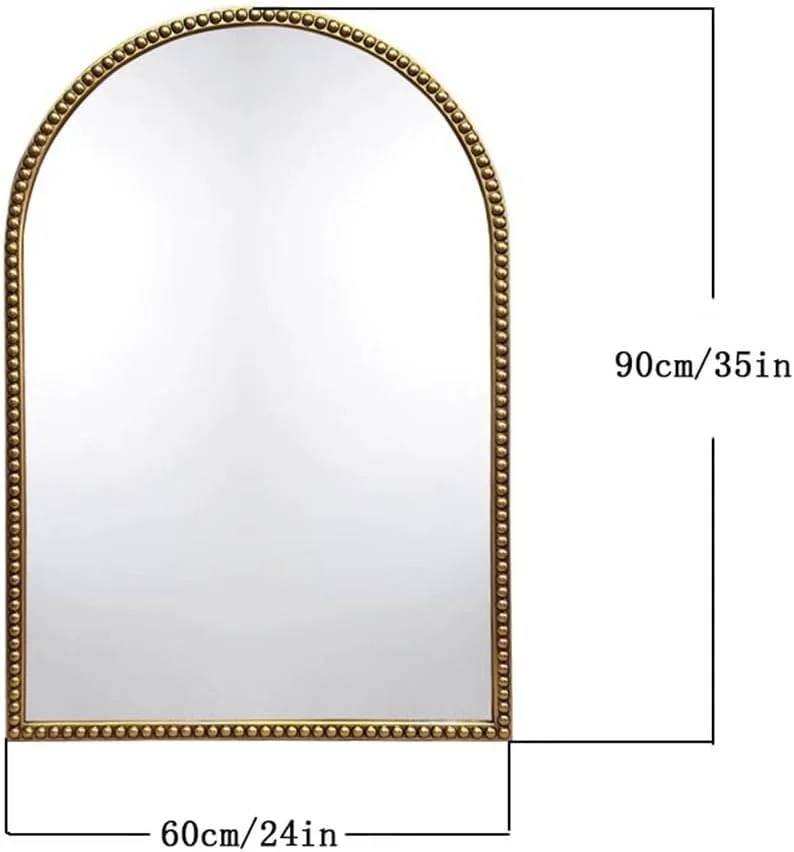 آینه دیواری قوسی شکل KXWOQ3ED، آینه تزئینی با قاب مهره ای، 90x60 سانتی متر، آینه آرایشی طلایی عتیقه برای میز آرایش، اتاق خواب، اتاق نشیمن، ورودی، حمام، شومینه
