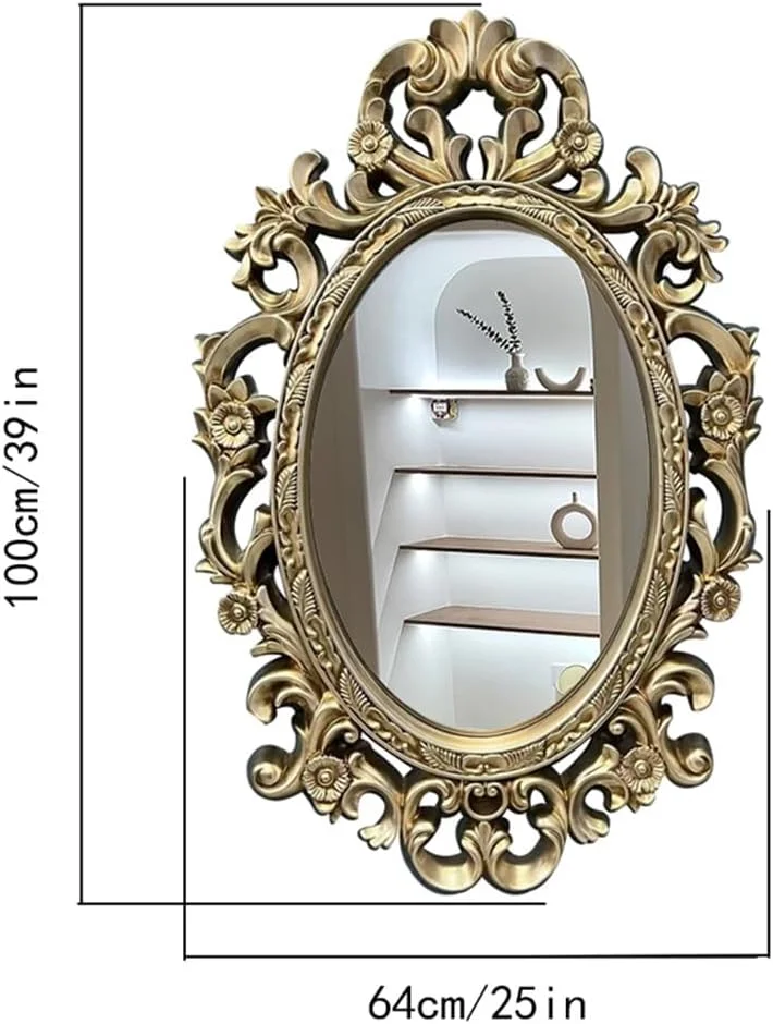 آینه دیواری نقره ای طرح قدیمی KXWOQ3ED، آینه تزئینی باروک پر نقش و نگار، آینه بیضی عتیقه آویز 100x64 سانتی متر برای اتاق نشیمن راهرو شومینه حمام ورودی