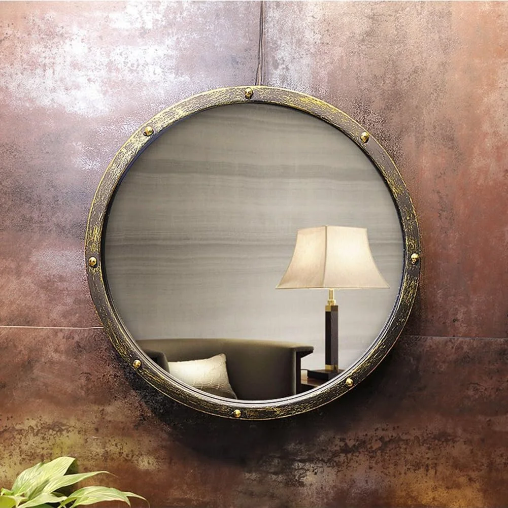 آینه تزئینی گرد KXWOQ3ED، آینه دیواری وینتیج روستایی با قاب فلزی، دکوراسیون دیواری به سبک صنعتی برای حمام، اتاق خواب، اتاق نشیمن، ورودی (70 سانتی متر)