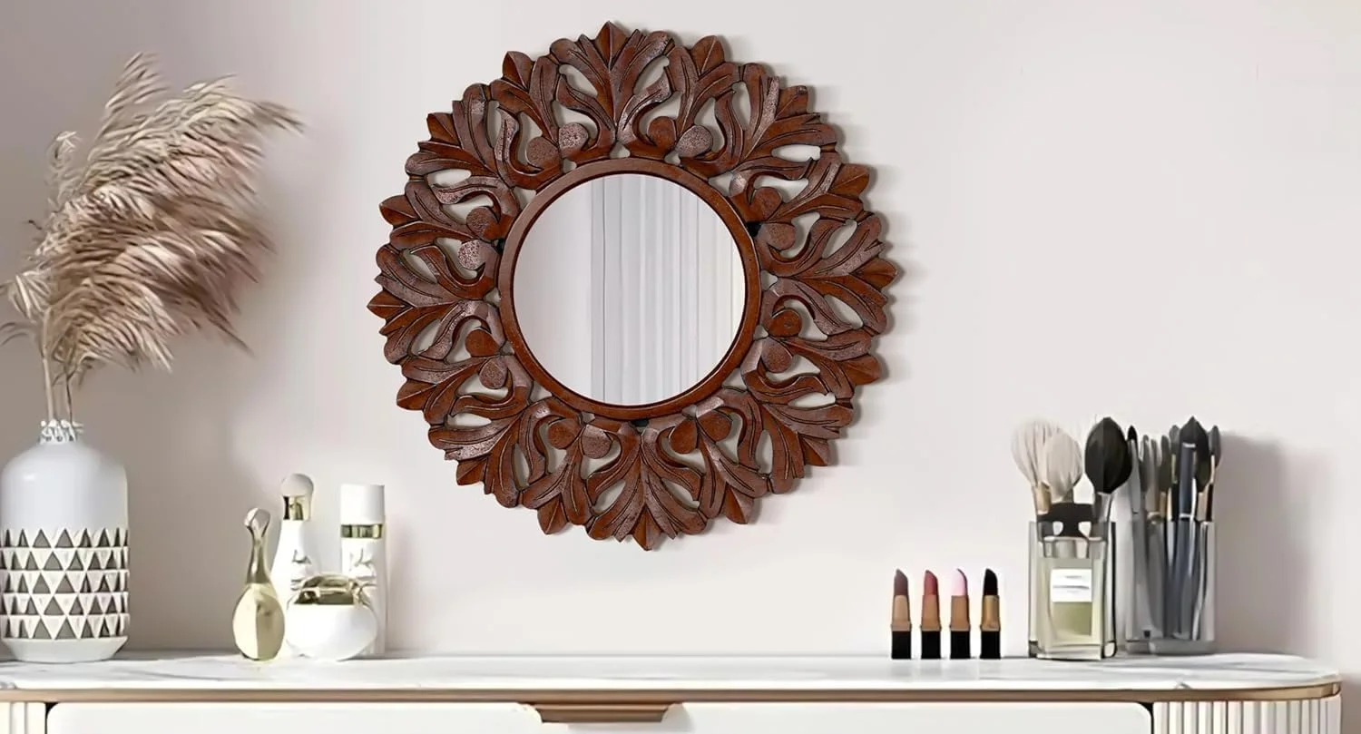 آینه دیواری تزئینی، آینه دیواری چوبی حکاکی شده 61 سانتی متری گرد، آینه دیواری آویز با قاب چوبی و براکت آویز متصل، دکوراسیون خانه روستایی برای اتاق نشیمن، حمام با رنگ سوخته طبیعی