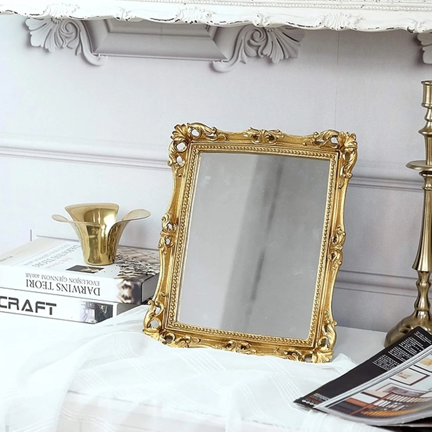 آینه تزئینی وینتیج Funerom، 28 در 24 سانتی متر، آینه آرایشی رومیزی و دیواری، طلایی عتیقه مربعی