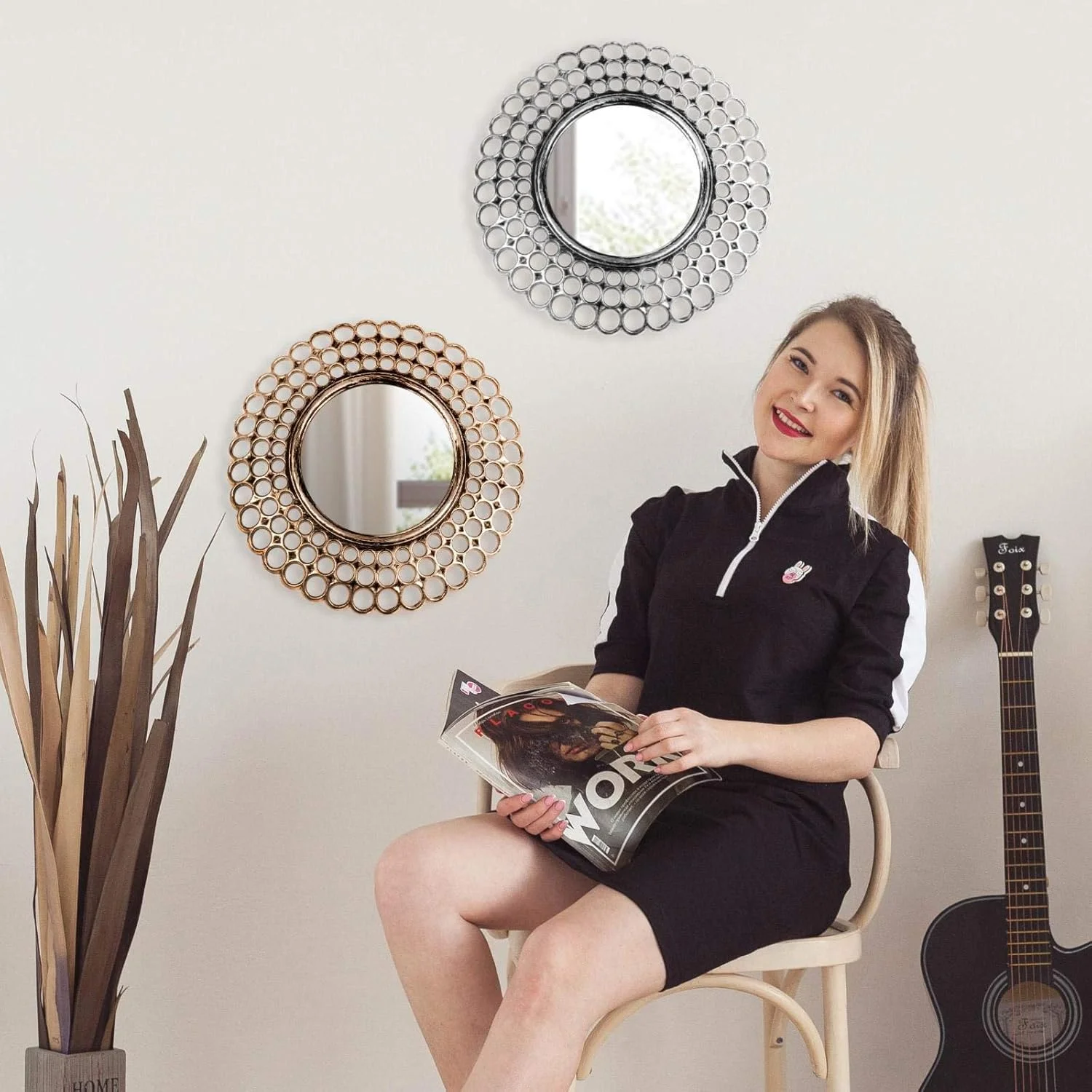 ست 3 تایی آینه های تزئینی GMMH، آینه های آویز، آینه های دیواری، گرد، دکوری، 26 سانتی متر، قاب پلاستیکی (طلایی)