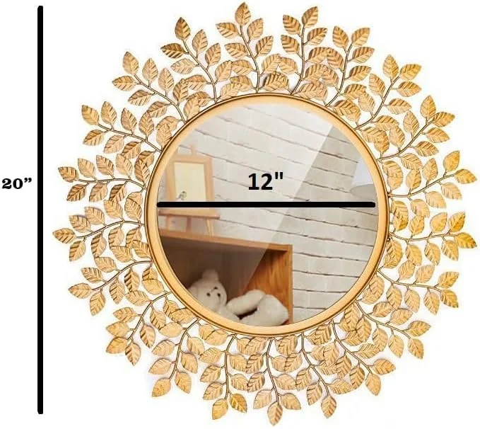 آینه دیواری گرد استیل شیشه ای فانتزی طرح دار دکوراتیو Furnish Craft برای اتاق نشیمن، دکوراسیون منزل، آینه حمام، آینه روشویی (55.88 * 55.88 سانتی متر، طلایی)