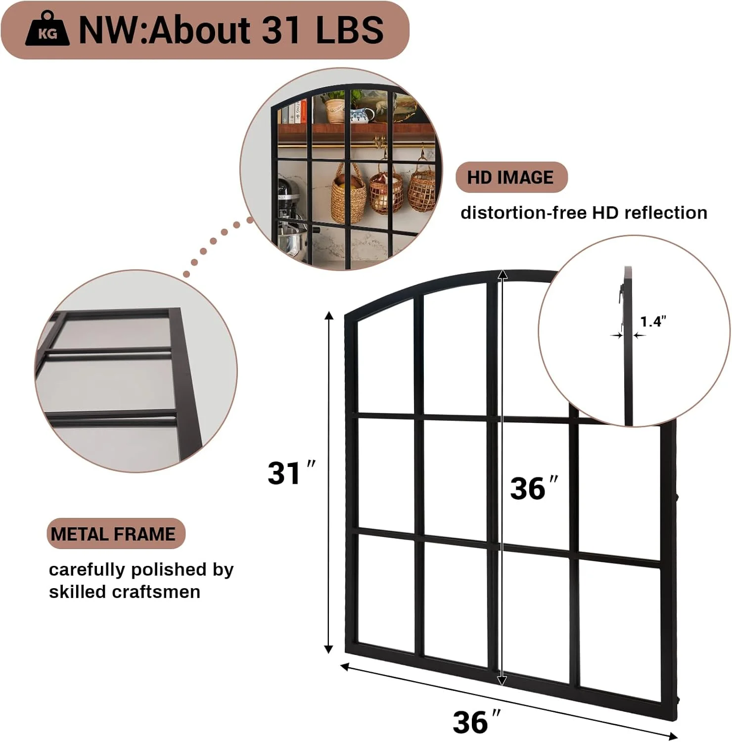 آینه قدی پنجره ای کمانی GIFTTROVE، قاب فلزی مشکی مات، آینه تزئینی شبکه ای برای اتاق نشیمن، اتاق خواب، ورودی