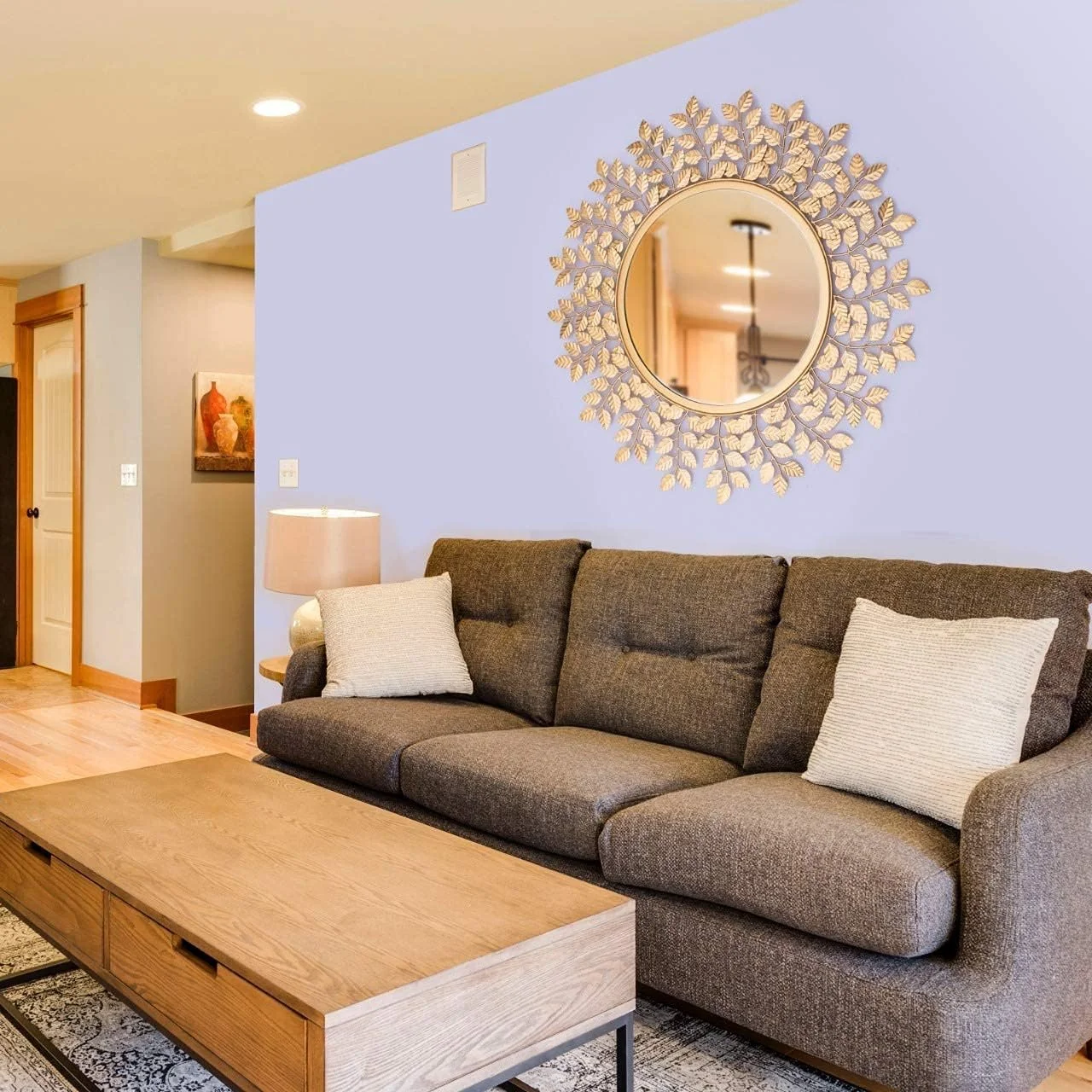 آینه دیواری گرد استیل شیشه ای فانتزی طرح دار دکوراتیو Furnish Craft برای اتاق نشیمن، دکوراسیون منزل، آینه حمام، آینه روشویی (55.88 * 55.88 سانتی متر، طلایی)