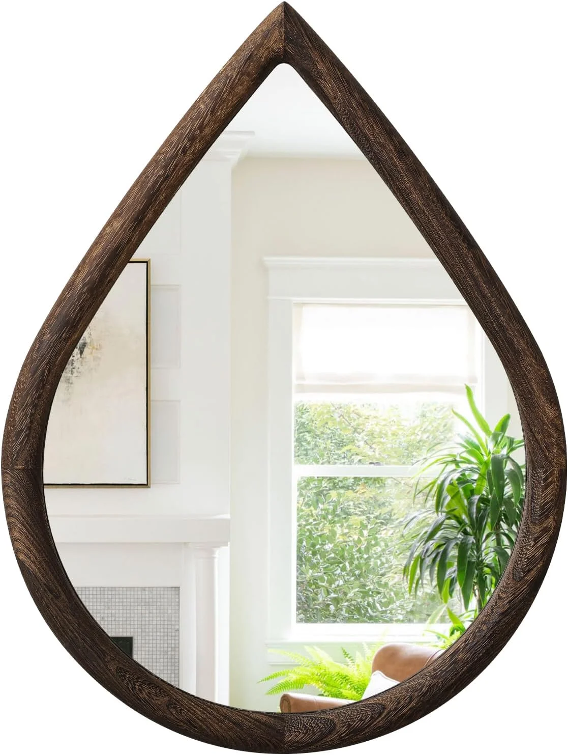 آینه دیواری طرح قطره اشک FEUFOAM، آینه بزرگ دیواری با قاب چوبی، آینه هنری دیواری وینتیج، آینه تزئینی روستیک مناسب حمام، ورودی و اتاق نشیمن، 65x45 سانتی متر