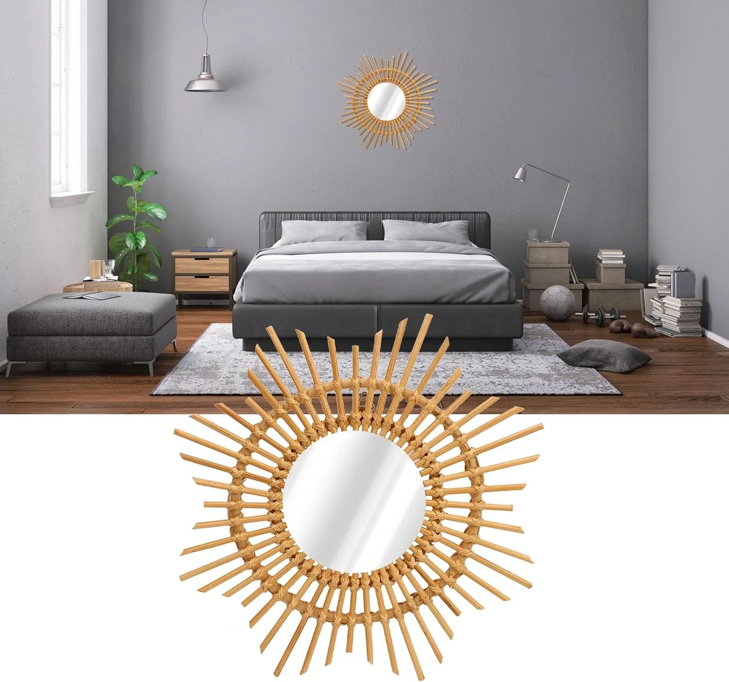 آینه تزئینی حصیری Fdit، آینه دیواری دست ساز طرح ستاره، حصیری بافته شده دستی ساده و منحصر به فرد برای اتاق خواب، اتاق نشیمن، راهرو