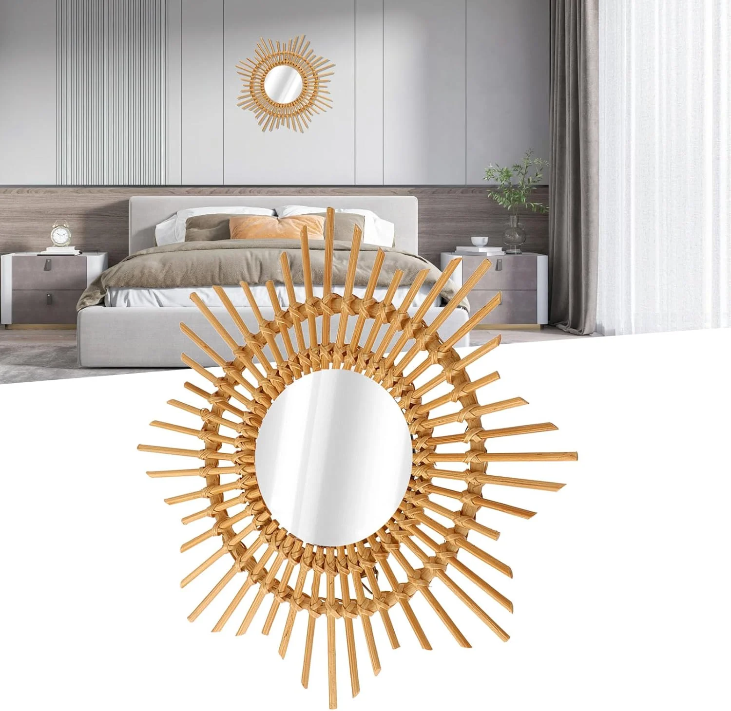 آینه تزئینی حصیری Fdit، آینه دیواری دست ساز طرح ستاره، حصیری بافته شده دستی ساده و منحصر به فرد برای اتاق خواب، اتاق نشیمن، راهرو