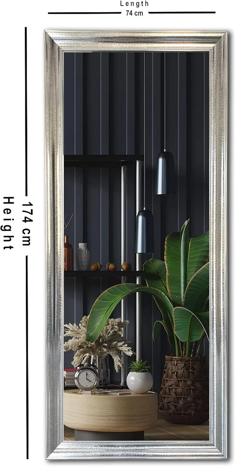 آینه قدی 174x74 سانتی متر با قاب PVC نقره ای شیک | آینه آرایشی دیواری و ایستاده برای اتاق خواب، اتاق نشیمن و راهرو | آینه بزرگ تزئینی مدرن