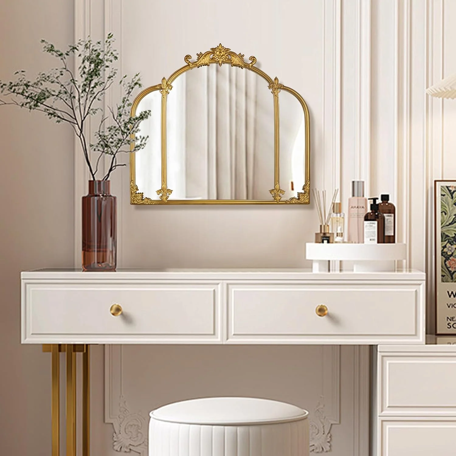 آینه دیواری قوسی طلایی Fitous، 61x56 سانتی متر، آینه باروک تزئینی قدیمی با قاب فلزی، آینه آرایشی تزئینی برای میز آرایش، اتاق خواب، حمام، شومینه، ورودی، راهرو آینه دیواری قوسی طلایی Fitous، 61x56 سانتی متر، آینه باروک تزئینی قدیمی با قاب فلزی، آینه آرایشی تزئینی برای میز آرایش، اتاق خواب، حمام، شومینه، ورودی، راهرو