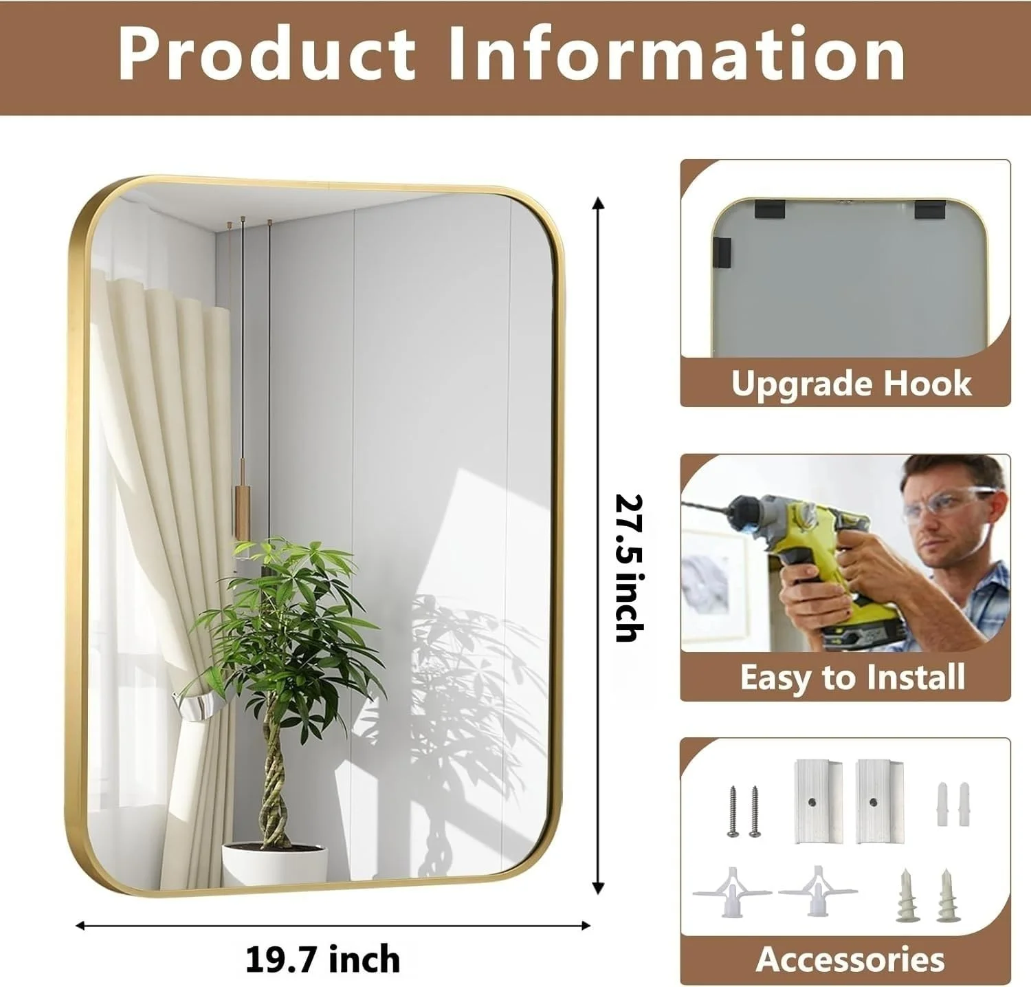 آینه مستطیلی حمام Fohome، 50x70 سانتی متر، آینه دیواری بزرگ با قاب فلزی، آینه روشویی برای حمام، اتاق نشیمن، آینه دکور دیوار، قابل نصب به صورت افقی یا عمودی (طلایی) آینه مستطیلی حمام Fohome، 50x70 سانتی متر، آینه دیواری بزرگ با قاب فلزی، آینه روشویی برای حمام، اتاق نشیمن، آینه دکور دیوار، قابل نصب به صورت افقی یا عمودی (طلایی)