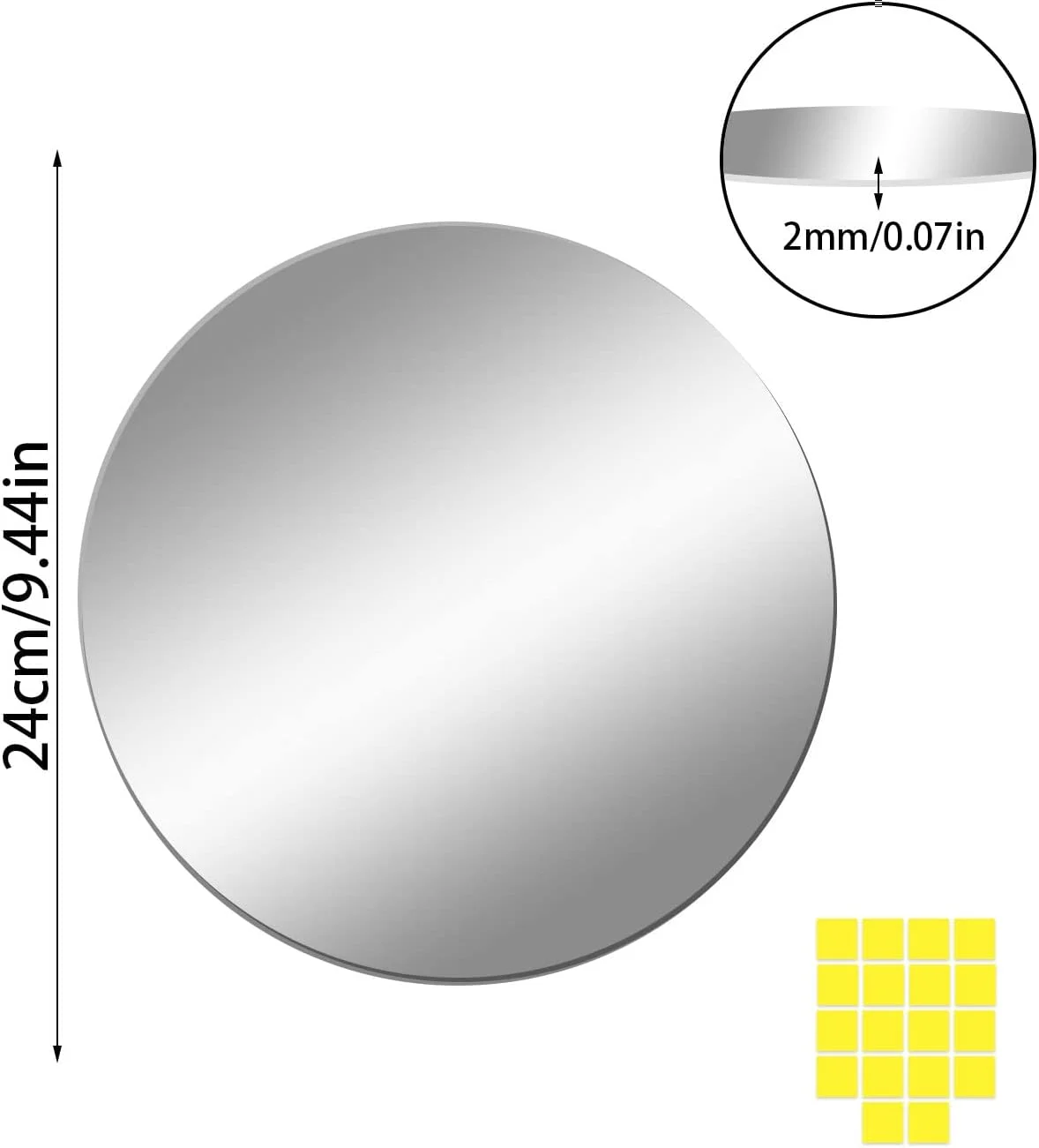 آینه اکریلیک خود چسب DRERIO، دو عدد، 24 سانتی متر، HD، گرد، پلاستیکی بزرگ، بدون قاب، کاشی های دایره ای چسبی برای دکوراسیون منزل (24*24 سانتی متر*2 میلی متر)