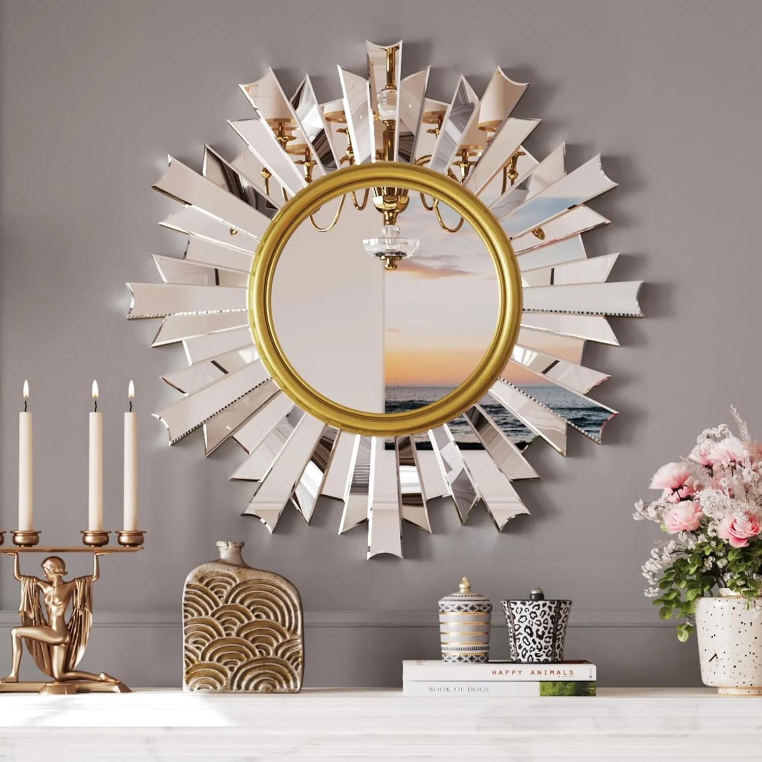 آینه گرد طلایی PERHOM با ابعاد 26x26 اینچ برای دکور دیوار، آینه دیواری خورشیدی لوکس، آینه های تزئینی وینتیج برای اتاق نشیمن، اتاق خواب، ورودی، اتاق غذاخوری، شومینه، مقاوم در برابر خراش