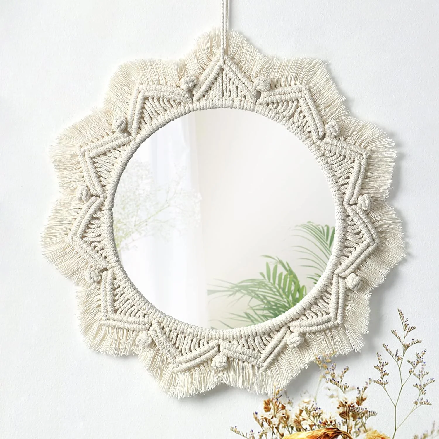 آینه دیواری مکرومه Dremisland - آینه گرد 15 اینچی با حاشیه مکرومه، آویز تزئینی بوهو، دکوراسیون دیواری هنری برای آپارتمان، خانه، اتاق خواب، اتاق نشیمن، اتاق کودک (بژ)