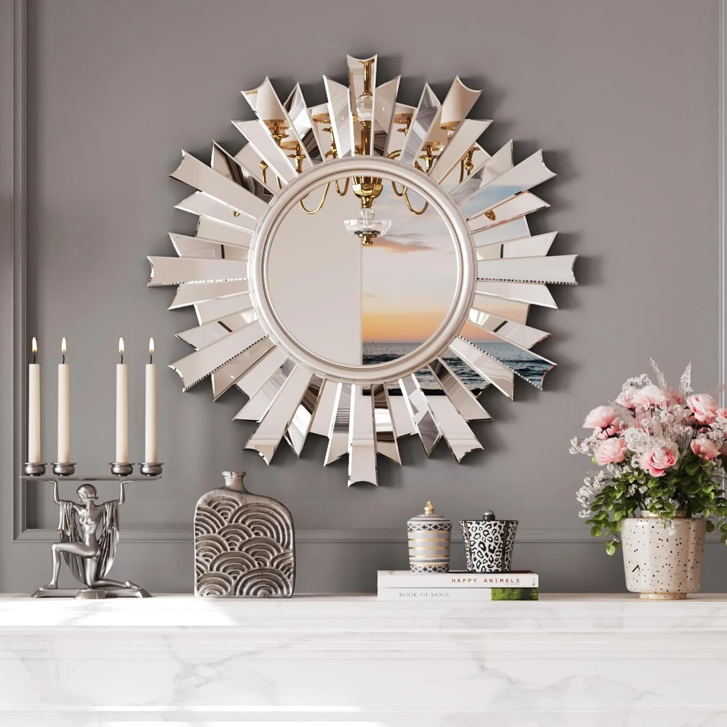 آینه دیواری گرد بزرگ 66 سانتی‌متری MYOTA برای دکور، آینه تزئینی با قاب شیشه‌ای پخ‌دار سه‌بعدی، دکور دیواری نقره‌ای مدرن طرح خورشید برای اتاق نشیمن، اتاق غذاخوری، ورودی