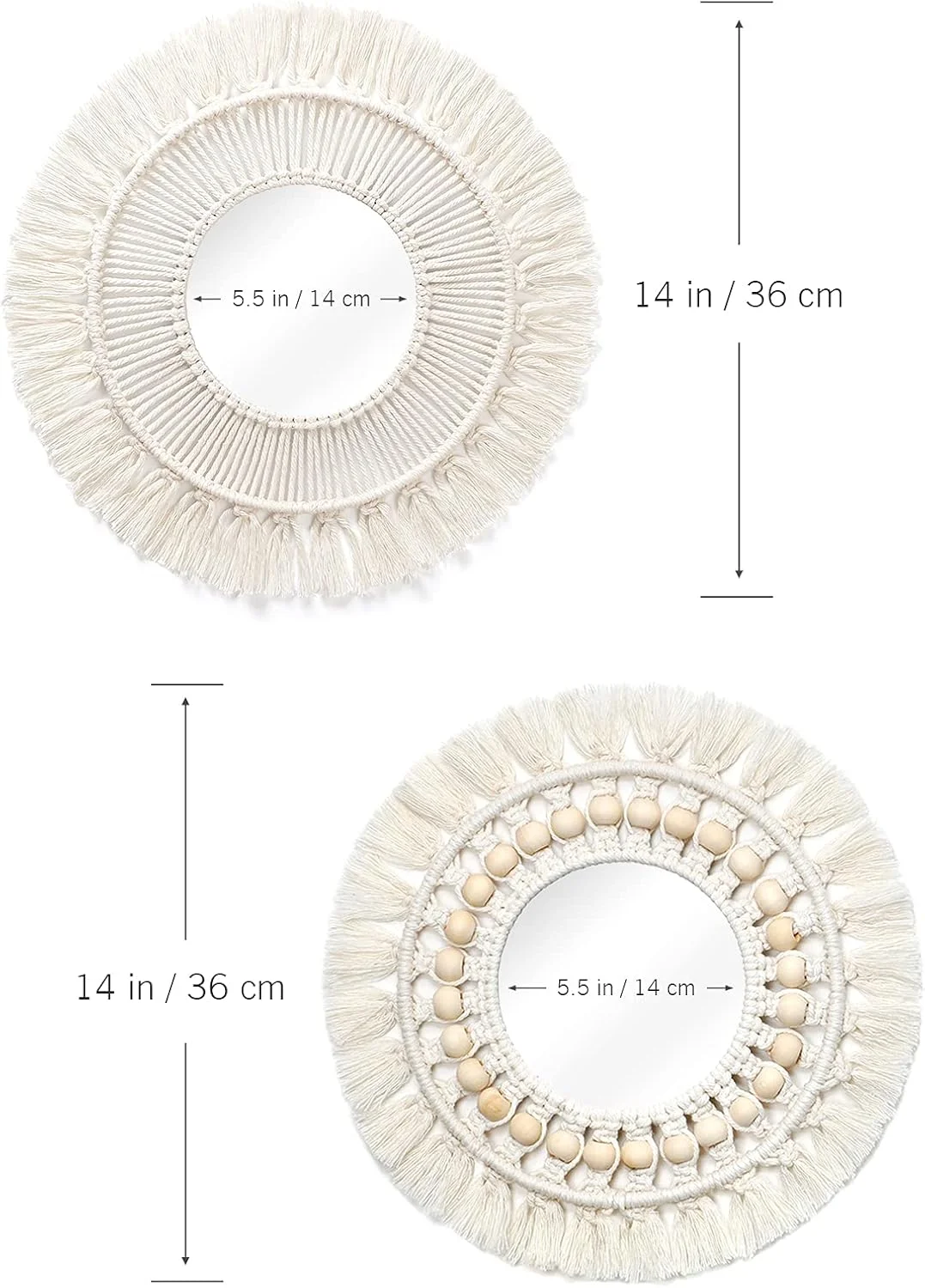 آینه دیواری آویز دریم‌لند - آینه تزئینی گرد با حاشیه مکرومه بافته شده به سبک بوهو، دارای مهره‌های چوبی و آویز پر، تزئین دیوار برای اتاق خواب، زیور هنری برای آپارتمان، خانه و اتاق نشیمن