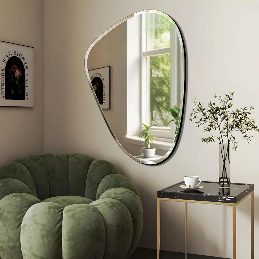 آینه دیواری طرح طاووس VOHJD، ابعاد 76x51 سانتی متر، آینه تزئینی لبه پخ دستی برای اتاق نشیمن و اتاق خواب، بسته بندی مقاوم در برابر شکستن، دکور دیواری بیضی شکل منحصر به فرد