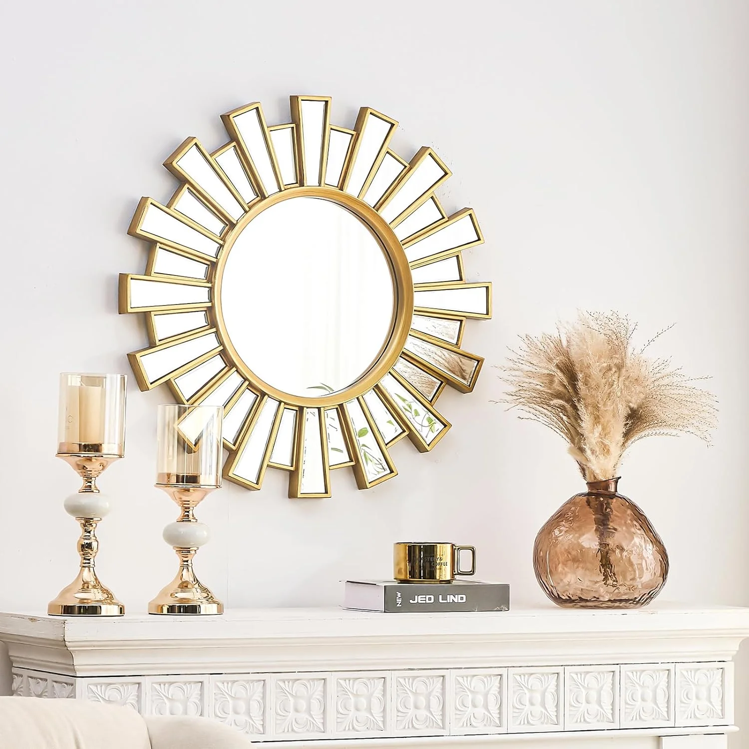 آینه خورشیدی بوهو Uniclinens، دکور دیواری آینه طلایی 60 سانتی‌متری، آینه‌های تزئینی خورشیدی مدرن بوهیمی گرد برای اتاق خواب، اتاق نشیمن، راهرو، حمام، بالکن، ورودی کوچک