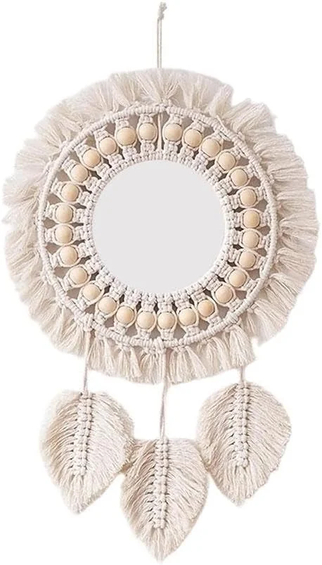 آینه دیواری مکرومه، آینه های تزئینی، دکوراسیون بوهمی، آینه آویز دیواری برای اتاق خواب، دکوراسیون دیوار اتاق نشیمن A0l8 Hangi