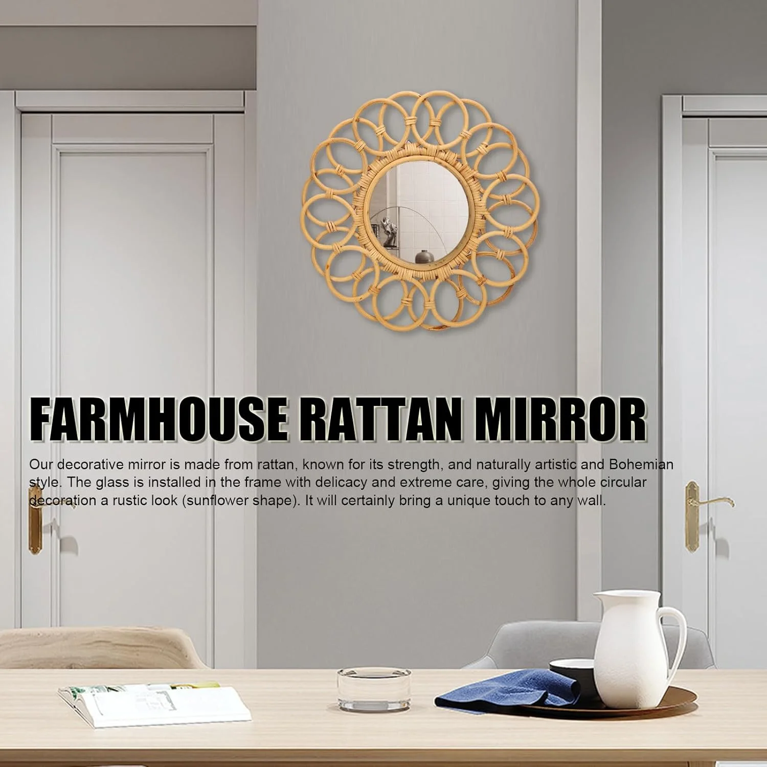 آینه دیواری حصیری گرد دست ساز Nurnesy به سبک روستیک بوهو، 42 سانتی متر - آینه تزئینی شیک برای اتاق نشیمن، اتاق خواب، ورودی و راهرو آینه دیواری حصیری گرد دست ساز Nurnesy به سبک روستیک بوهو، 42 سانتی متر - آینه تزئینی شیک برای اتاق نشیمن، اتاق خواب، ورودی و راهرو