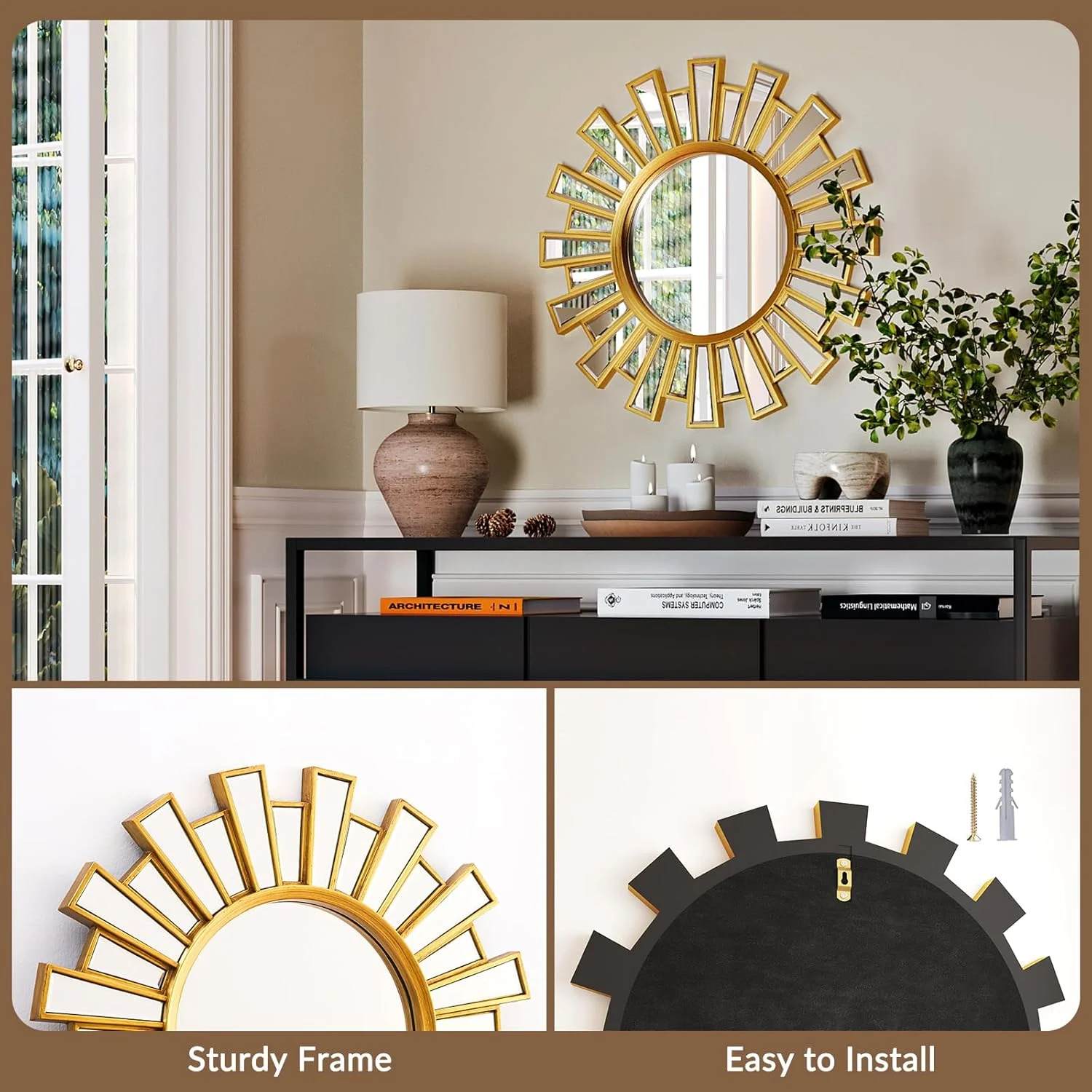 آینه خورشیدی بوهو Uniclinens، دکور دیواری آینه طلایی 60 سانتیمتری، آینههای تزئینی خورشیدی مدرن بوهیمی گرد برای اتاق خواب، اتاق نشیمن، راهرو، حمام، بالکن، ورودی کوچک آینه خورشیدی بوهو Uniclinens، دکور دیواری آینه طلایی 60 سانتیمتری، آینههای تزئینی خورشیدی مدرن بوهیمی گرد برای اتاق خواب، اتاق نشیمن، راهرو، حمام، بالکن، ورودی کوچک