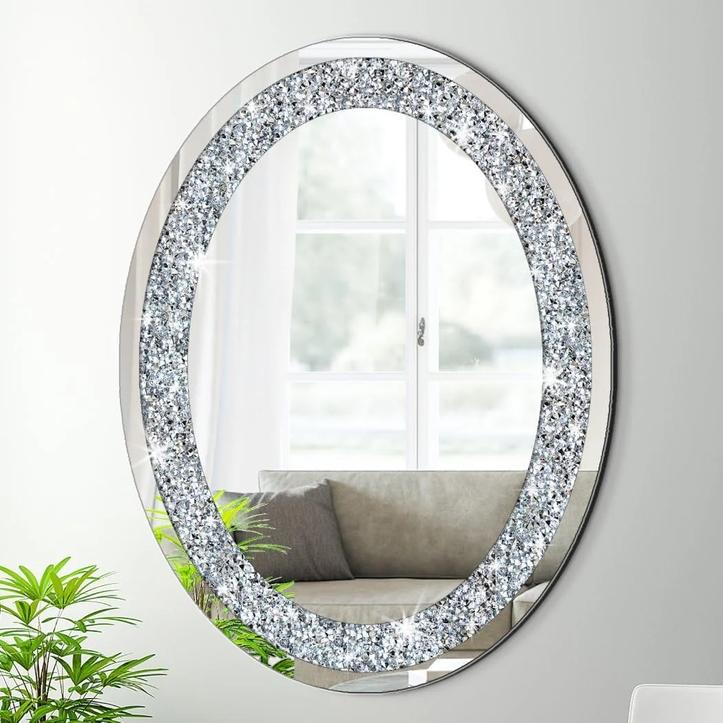 آینه دیواری نقره ای بیضی شکل الماس خرد شده کریستالی DMDFIRST، دکوراسیون دیوار زرق و برق دار، 60x80x2.3 سانتی متر، آینه شیشه ای درخشان بدون قاب، دکوراسیون شیک و مد روز منزل