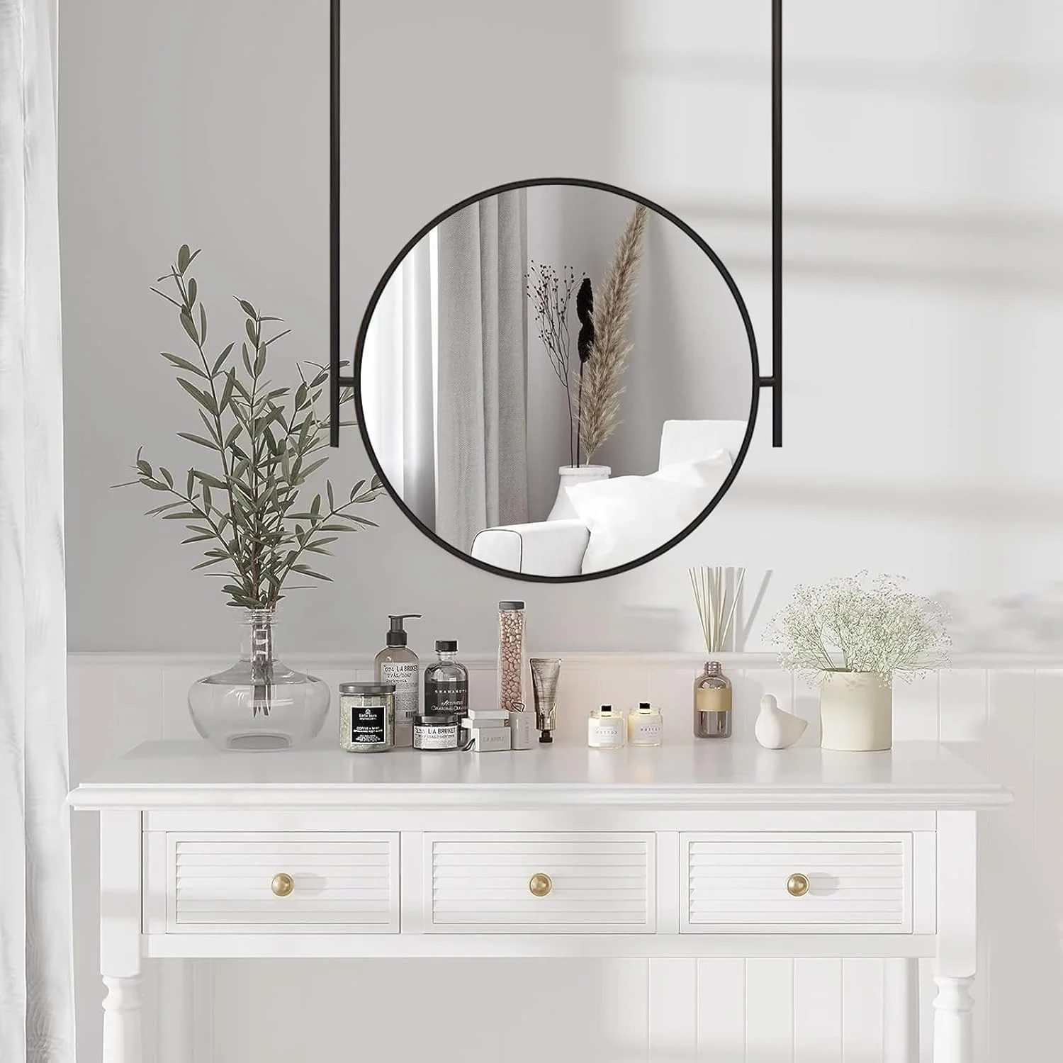 آینه معلق تزئینی، آینه آرایشی آویز سقفی، آینه روشویی با بازوهای نصب شده روی دیوار، آینه گرد بزرگ حمام با قاب فلزی برای اتاق خواب هتل (قطر-40 سانتی متر/15.7 اینچ)