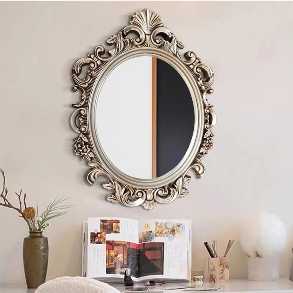 آینه دیواری سبک PU، آینه های تزئینی برای دیوار، آینه بیضی شکل با قاب طلایی قدیمی، آینه حمام به سبک عتیقه، 70 * 93 سانتی متر آینه دیواری سبک PU، آینه های تزئینی برای دیوار، آینه بیضی شکل با قاب طلایی قدیمی، آینه حمام به سبک عتیقه، 70 * 93 سانتی متر