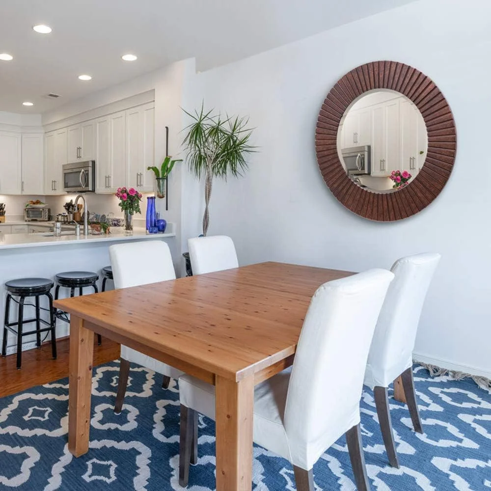 آینه دیواری گرد 76 سانتی متری Chende با قاب چوبی، آینه تزئینی خانه روستایی با روکش برنزی، آینه بزرگ روستیک برای اتاق نشیمن، اتاق خواب، ورودی آینه دیواری گرد 76 سانتی متری Chende با قاب چوبی، آینه تزئینی خانه روستایی با روکش برنزی، آینه بزرگ روستیک برای اتاق نشیمن، اتاق خواب، ورودی