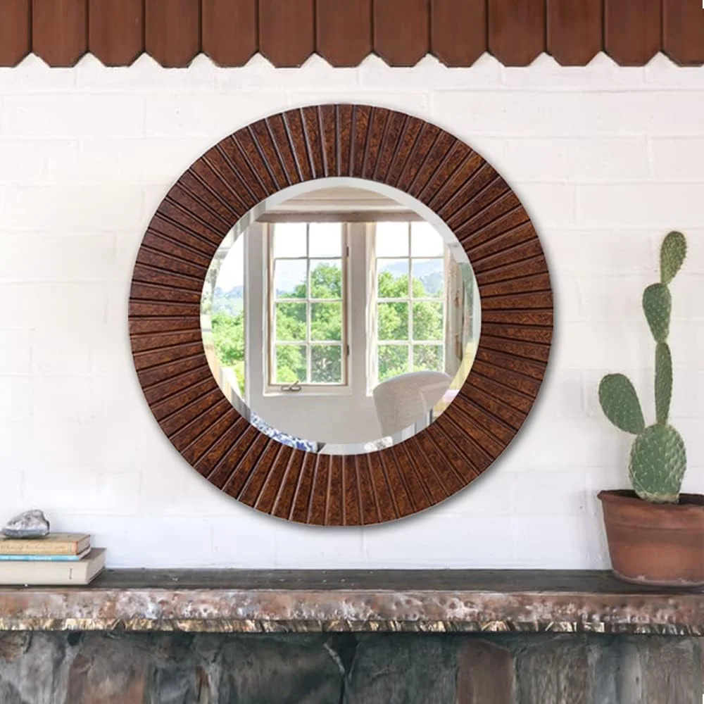 آینه دیواری گرد 76 سانتی متری Chende با قاب چوبی، آینه تزئینی خانه روستایی با روکش برنزی، آینه بزرگ روستیک برای اتاق نشیمن، اتاق خواب، ورودی آینه دیواری گرد 76 سانتی متری Chende با قاب چوبی، آینه تزئینی خانه روستایی با روکش برنزی، آینه بزرگ روستیک برای اتاق نشیمن، اتاق خواب، ورودی