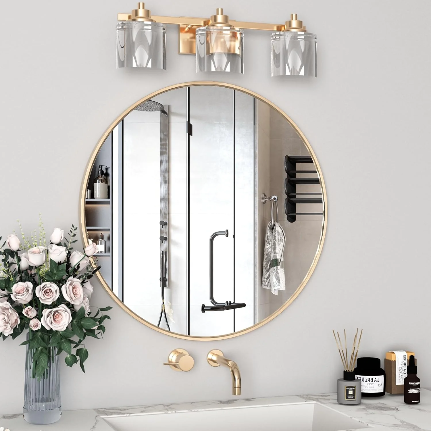 آینه گرد CASSILANDO قطر 60 سانتی متر، آینه دایره ای با قاب فلزی برای حمام، آینه دیواری برای ورودی، حمام، میز آرایش، اتاق نشیمن، آینه گرد بزرگ طلایی برای دکور دیوار