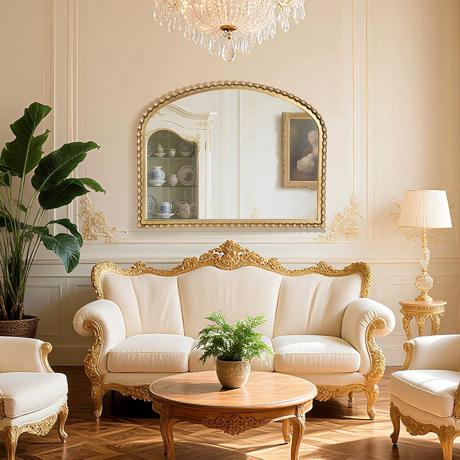 آینه قدی کمانی پهن CAVINHOME، طرح قدیمی - 91x71 سانتی متر، آینه مهره دار طلایی عتیقه با طرح برجسته، آینه دیواری تزئینی بزرگ و مجلل برای اتاق خواب، اتاق نشیمن، ورودی، شومینه