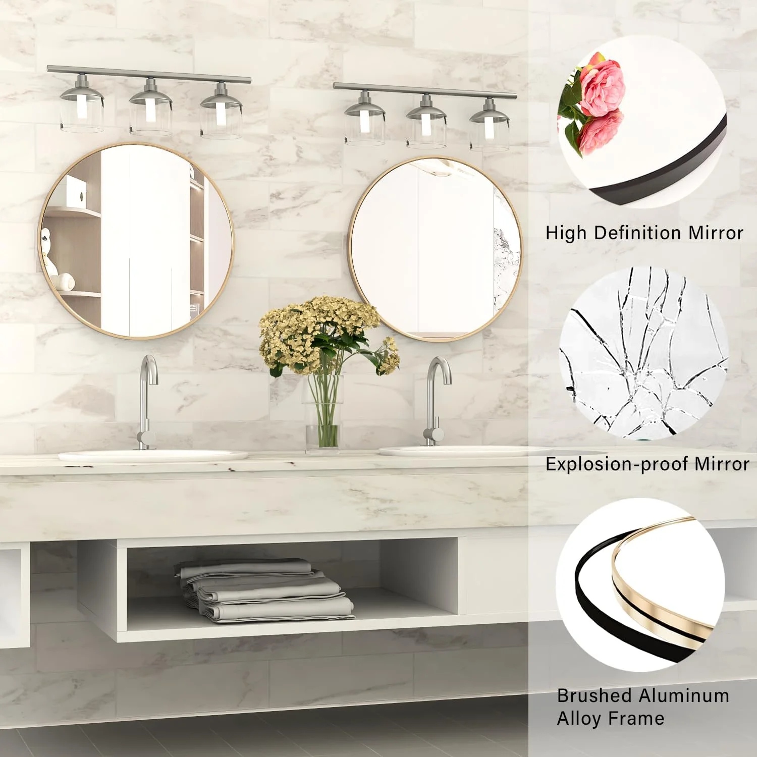 آینه گرد CASSILANDO قطر 60 سانتی متر، آینه دایره ای با قاب فلزی برای حمام، آینه دیواری برای ورودی، حمام، میز آرایش، اتاق نشیمن، آینه گرد بزرگ طلایی برای دکور دیوار