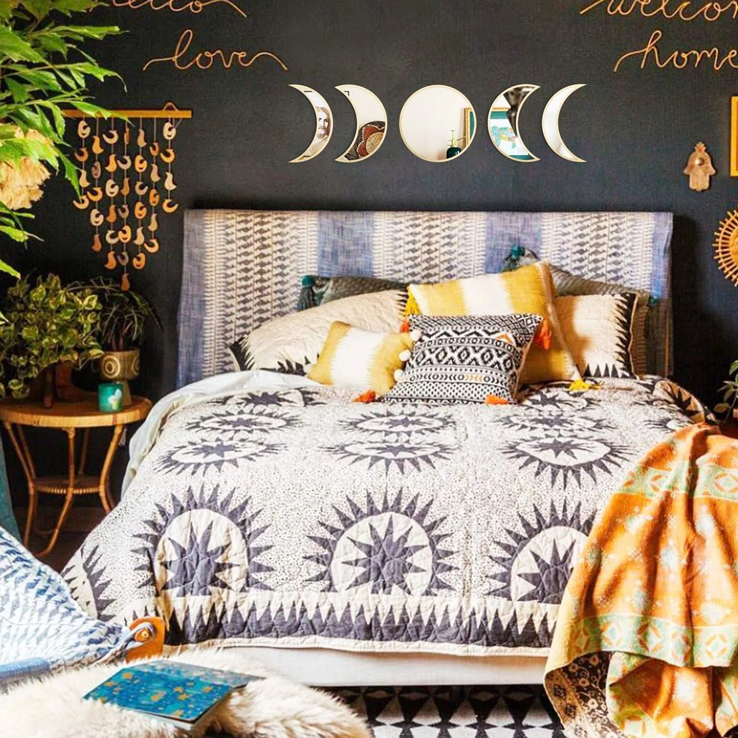 ست آینه فاز ماه BPA، 5 تکه دکوراسیون طبیعی اسکاندیناویایی آینه تزئینی دیواری دکور خانه آینه ماه بوهمی برای اتاق نشیمن اتاق خواب، آینه اکریلیک