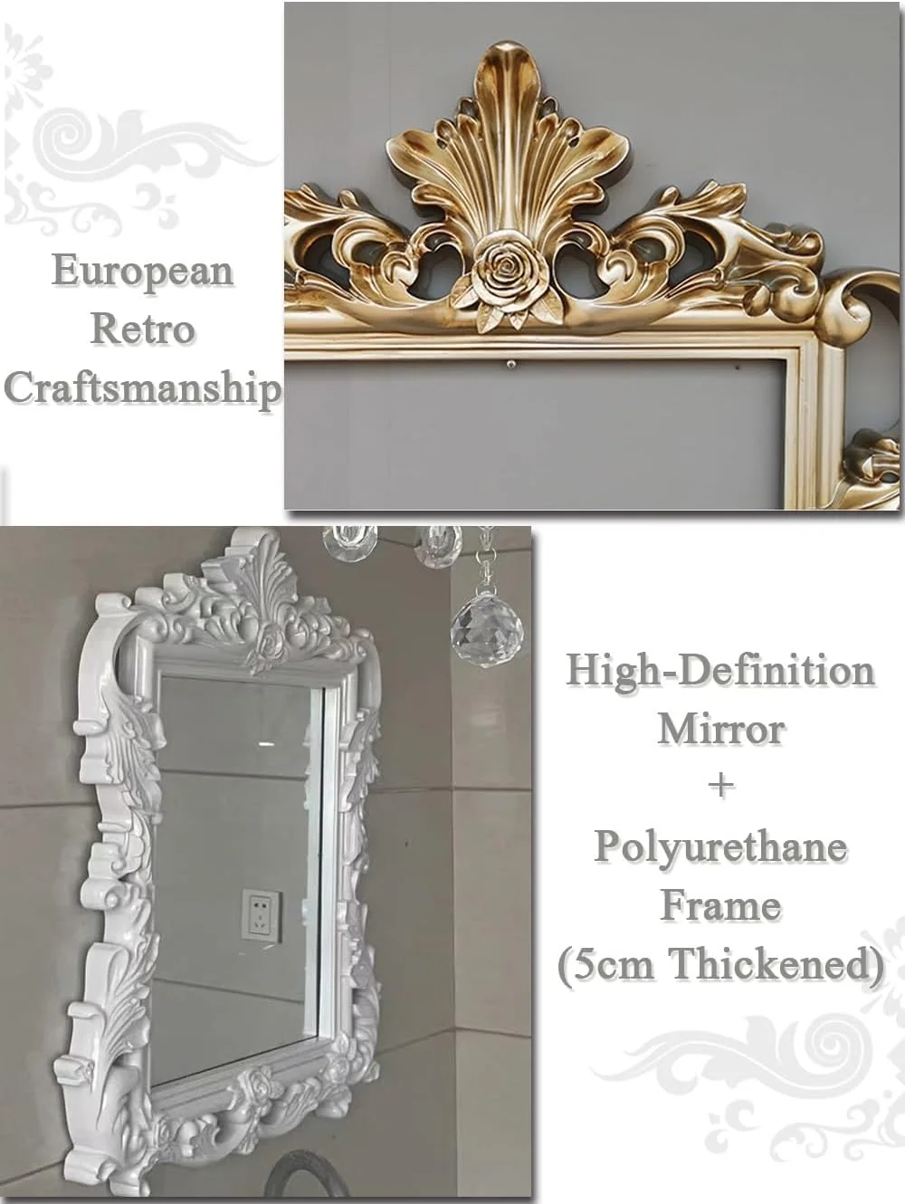 آینه تزئینی دیواری حمام HD بالای سینک - آینه آرایشی رومیزی عتیقه - سایزهای بزرگ/پرداخت های مختلف (سفید)