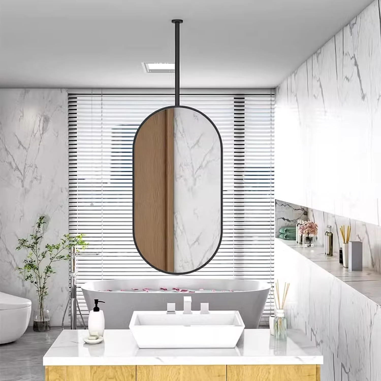 آینه دیواری برای حمام، آینه های بیضی شکل تزئینی سقفی برای دکور دیوار، آینه روشویی حمام با قاب فلزی مشکی و بوم آویز سقفی (اندازه: 40cmx60cm) آینه دیواری برای حمام، آینه های بیضی شکل تزئینی سقفی برای دکور دیوار، آینه روشویی حمام با قاب فلزی مشکی و بوم آویز سقفی (اندازه: 40cmx60cm)