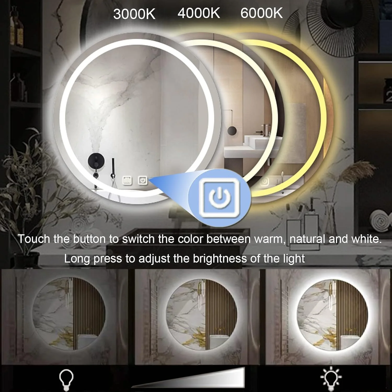 آینه گرد حمام LED سایز 32 اینچ، آینه آرایشی ضد مه 24 و 28 اینچی با چراغ، کنترل لمسی سنسور، دیمر دار، 3000-6000K، نصب دیواری، آینه تزئینی گرد حمام، L، 28"x28" (70cm) آینه گرد حمام LED سایز 32 اینچ، آینه آرایشی ضد مه 24 و 28 اینچی با چراغ، کنترل لمسی سنسور، دیمر دار، 3000-6000K، نصب دیواری، آینه تزئینی گرد حمام، L، 28"x28" (70cm)