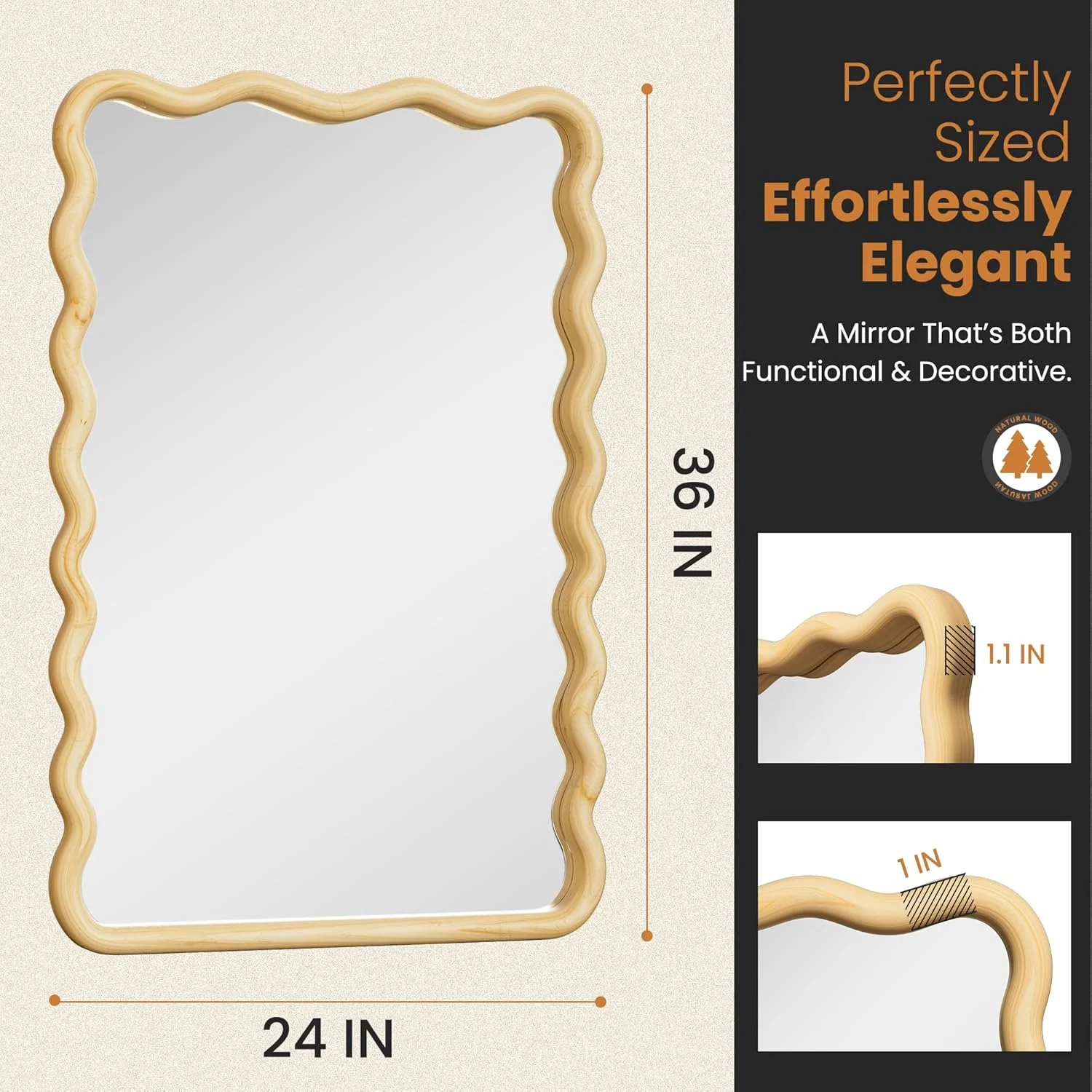 آینه دیواری حمام، 60x90 سانتی متر، آینه چوبی موج دار بوهو، آینه تزئینی بزرگ تمام قد با شیشه سکوریت، آینه روشویی با قاب چوبی طبیعی برای اتاق خواب، اتاق نشیمن، ورودی آینه دیواری حمام، 60x90 سانتی متر، آینه چوبی موج دار بوهو، آینه تزئینی بزرگ تمام قد با شیشه سکوریت، آینه روشویی با قاب چوبی طبیعی برای اتاق خواب، اتاق نشیمن، ورودی