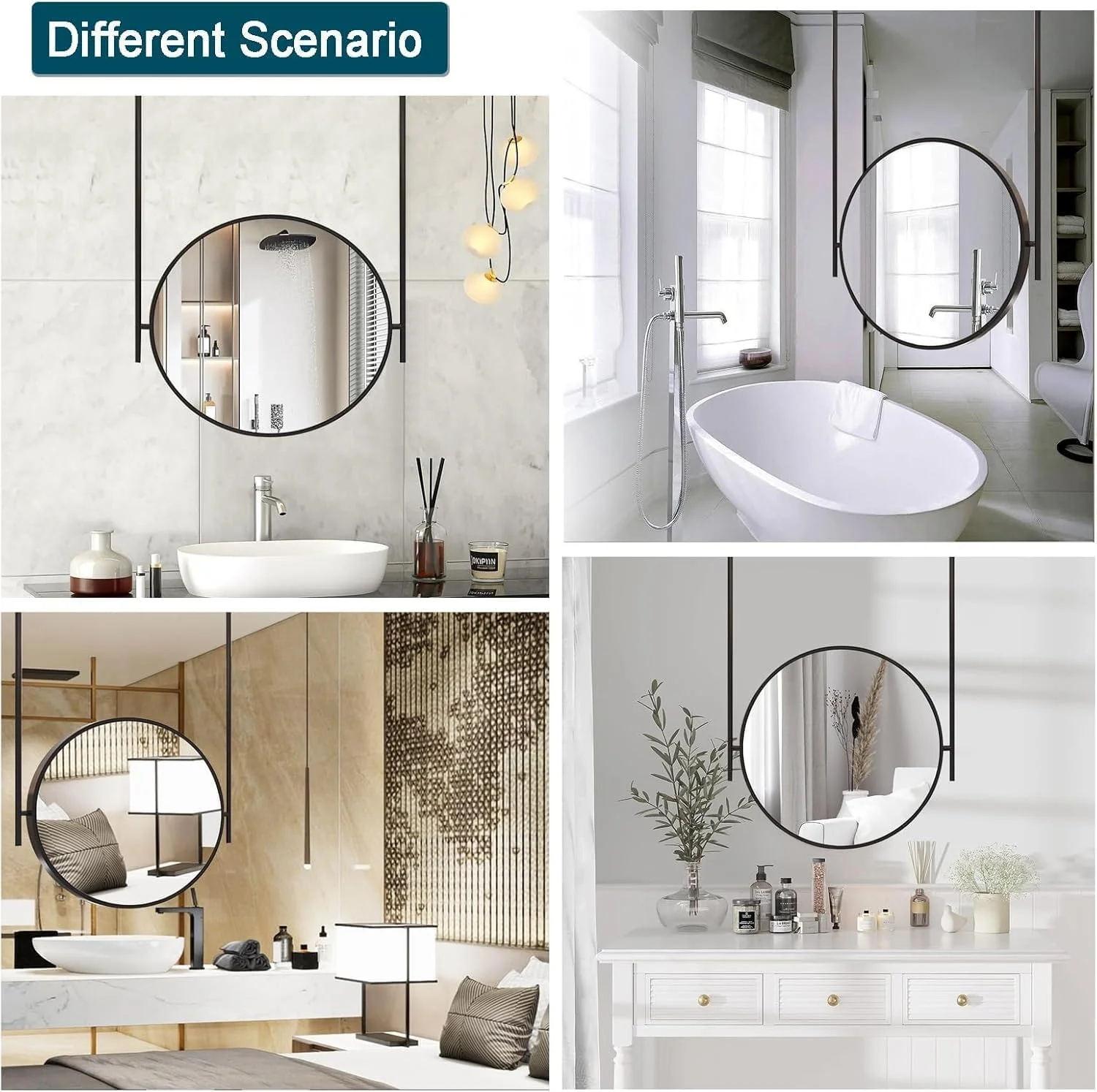 آینه روشویی گرد آویز سقفی مشکی، آینه دیواری دکوراتیو حمام با میله های شناور، آینه بوم دوبل، آینه های معلق تزئینی برای اتاق خواب (قطر-60 سانتی متر) آینه روشویی گرد آویز سقفی مشکی، آینه دیواری دکوراتیو حمام با میله های شناور، آینه بوم دوبل، آینه های معلق تزئینی برای اتاق خواب (قطر-60 سانتی متر)