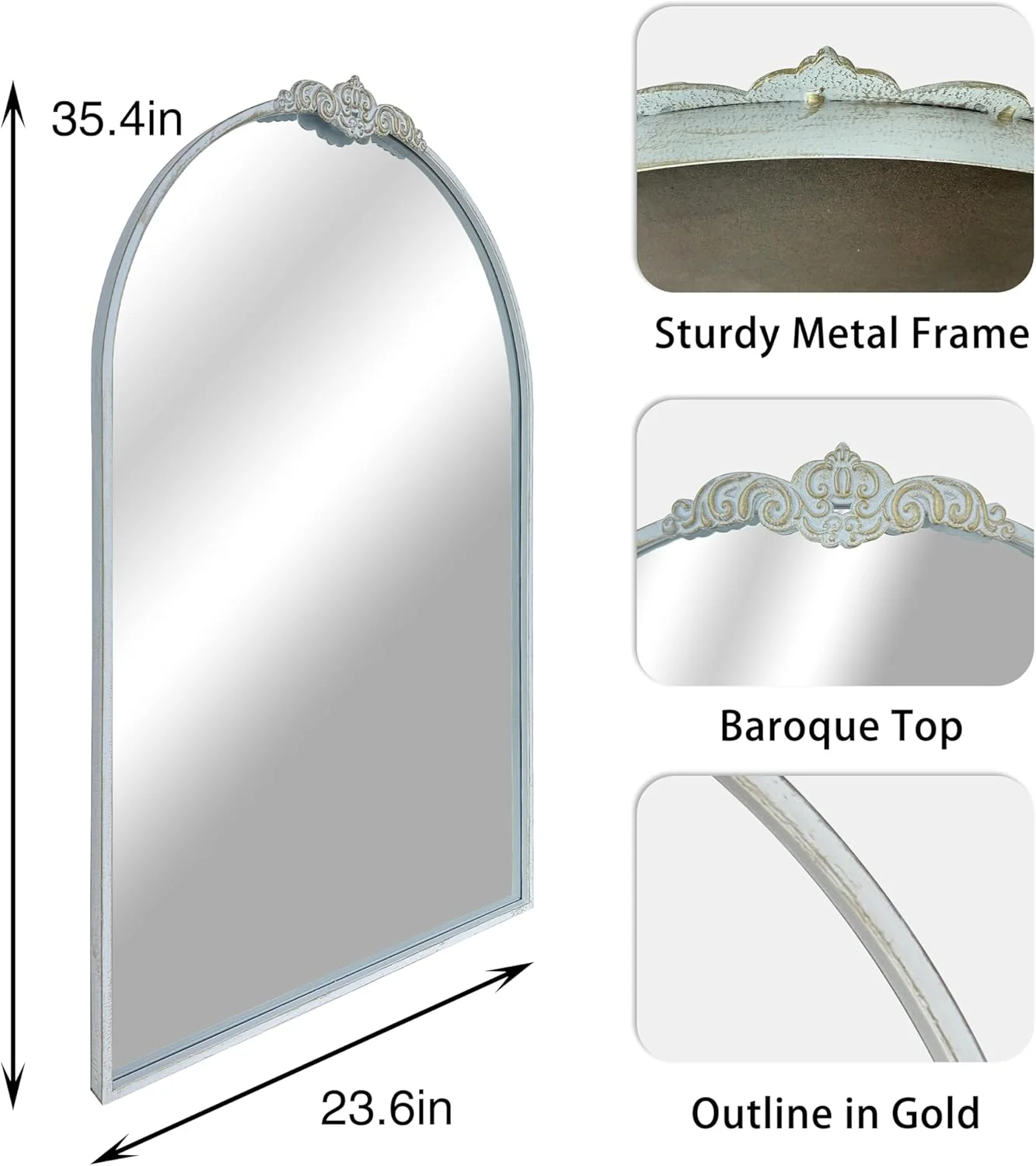 آینه دیواری قوسی سنتی BAODANFU، قاب فلزی سفید رترو با تاج باروک، 60x90 سانتی متر آینه های تزئینی خانه روستایی برای حمام، اتاق نشیمن، ورودی، سرسرا، بالای شومینه، دکور سینک آینه دیواری قوسی سنتی BAODANFU، قاب فلزی سفید رترو با تاج باروک، 60x90 سانتی متر آینه های تزئینی خانه روستایی برای حمام، اتاق نشیمن، ورودی، سرسرا، بالای شومینه، دکور سینک