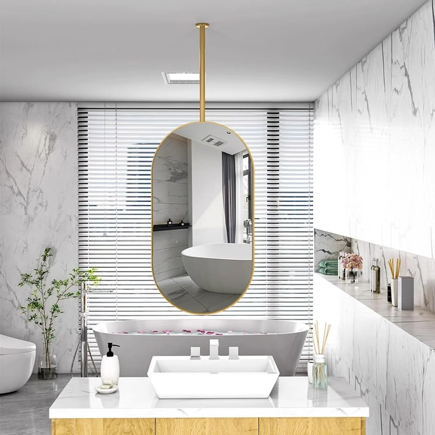 آینه دیواری برای حمام، آینه تزئینی آویز بزرگ بیضی شکل با قاب فلزی برای دکور دیوار، آینه های سقفی، آینه روشویی حمام، طلایی (اندازه: 40cmx60cm) آینه دیواری برای حمام، آینه تزئینی آویز بزرگ بیضی شکل با قاب فلزی برای دکور دیوار، آینه های سقفی، آینه روشویی حمام، طلایی (اندازه: 40cmx60cm)