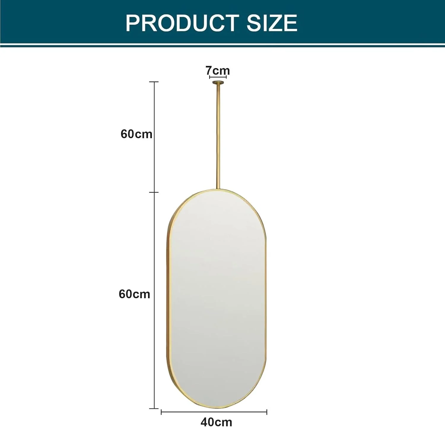 آینه دیواری برای حمام، آینه تزئینی آویز بزرگ بیضی شکل با قاب فلزی برای دکور دیوار، آینه های سقفی، آینه روشویی حمام، طلایی (اندازه: 40cmx60cm)