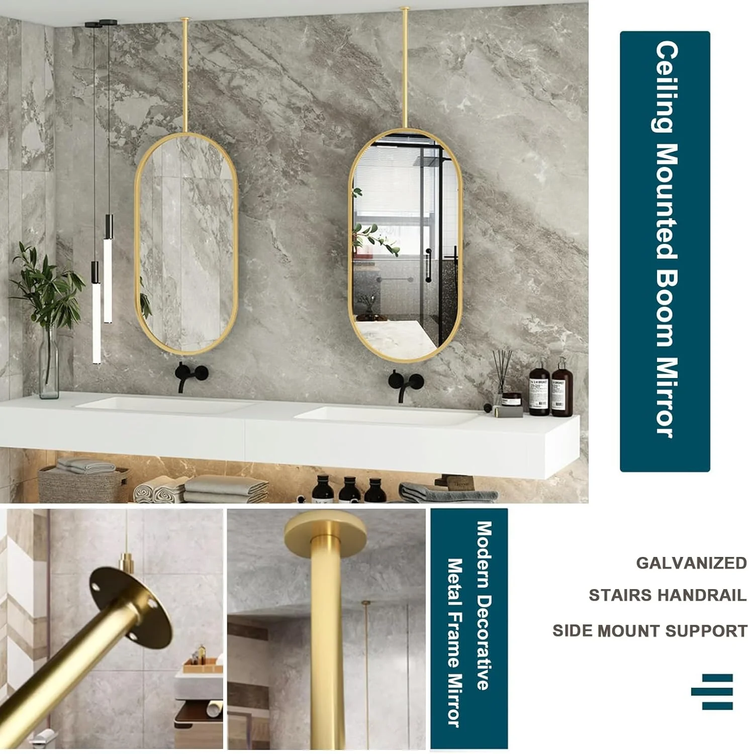 آینه دیواری برای حمام، آینه تزئینی آویز بزرگ بیضی شکل با قاب فلزی برای دکور دیوار، آینه های سقفی، آینه روشویی حمام، طلایی (اندازه: 40cmx60cm)