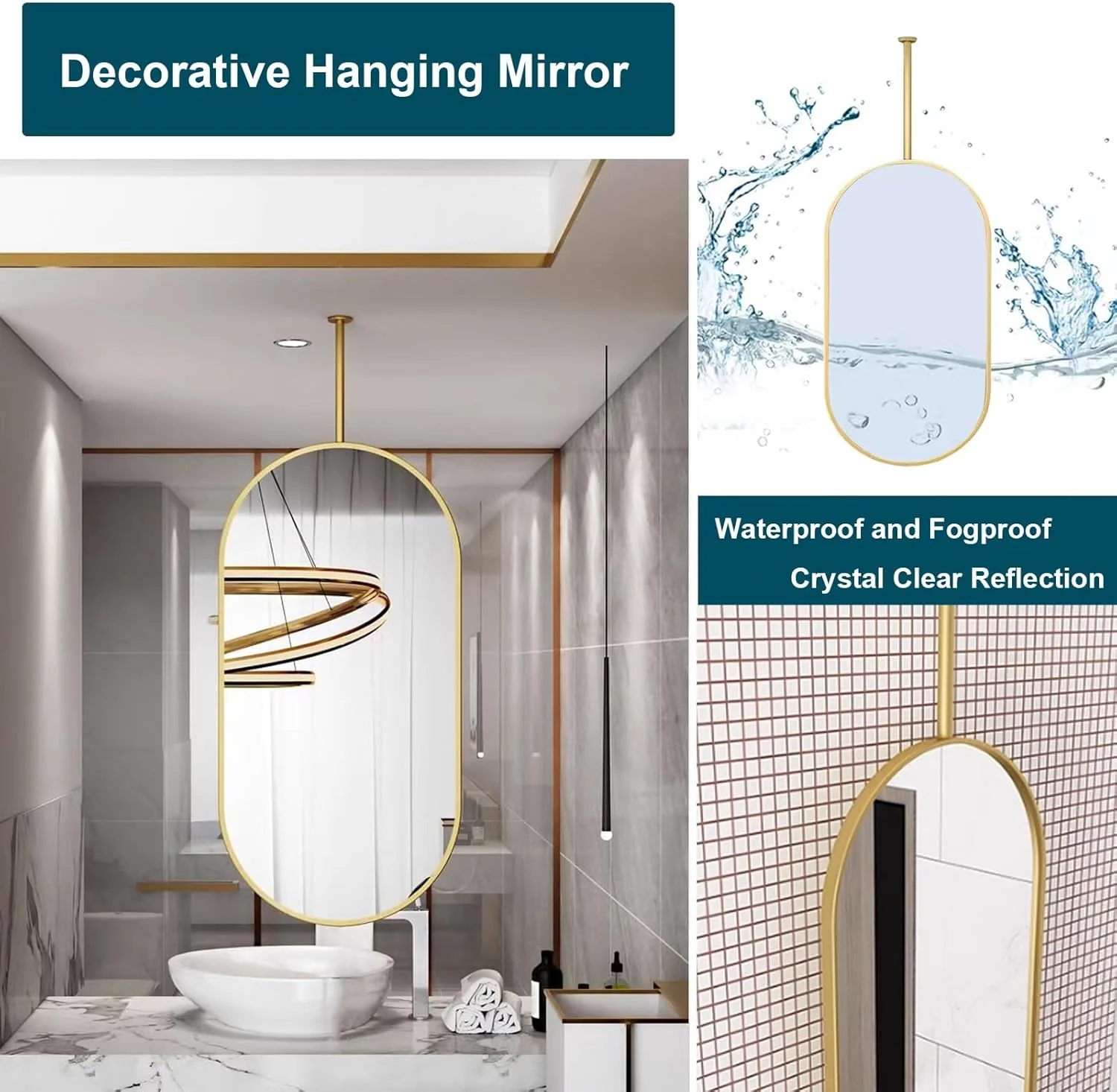 آینه دیواری برای حمام، آینه تزئینی آویز بزرگ بیضی شکل با قاب فلزی برای دکور دیوار، آینه های سقفی، آینه روشویی حمام، طلایی (اندازه: 40cmx60cm)