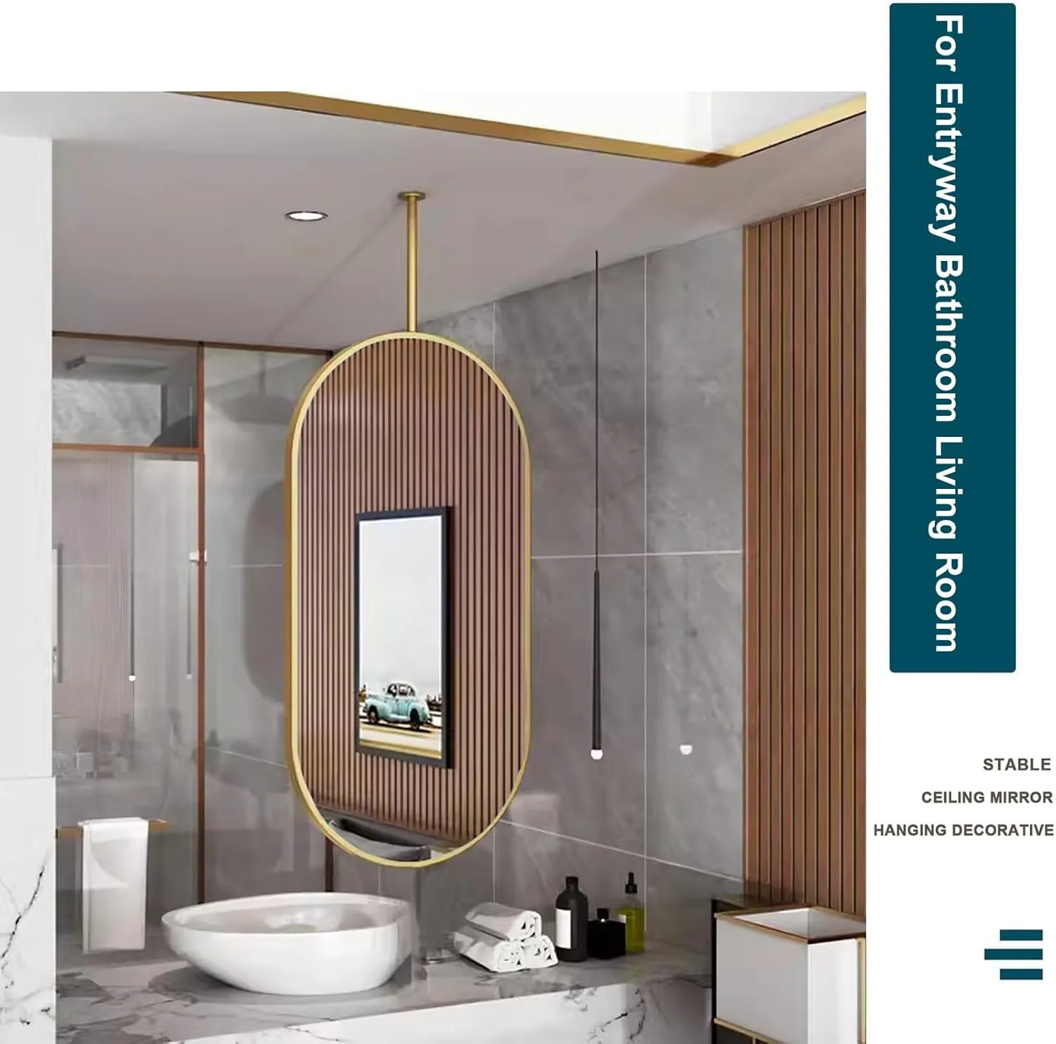 آینه دیواری برای حمام، آینه تزئینی آویز بزرگ بیضی شکل با قاب فلزی برای دکور دیوار، آینه های سقفی، آینه روشویی حمام، طلایی (اندازه: 40cmx60cm)