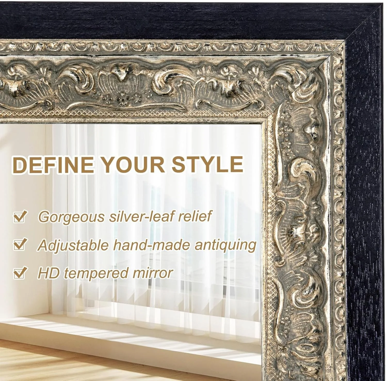 آینه آرایشی وینتیج Autdot، سایز 36 در 24 اینچ، آینه تزئینی مشکی با حکاکی های فویل نقره ای دست ساز و قاب چوبی برای اتاق نشیمن، ورودی و اتاق خواب آینه آرایشی وینتیج Autdot، سایز 36 در 24 اینچ، آینه تزئینی مشکی با حکاکی های فویل نقره ای دست ساز و قاب چوبی برای اتاق نشیمن، ورودی و اتاق خواب