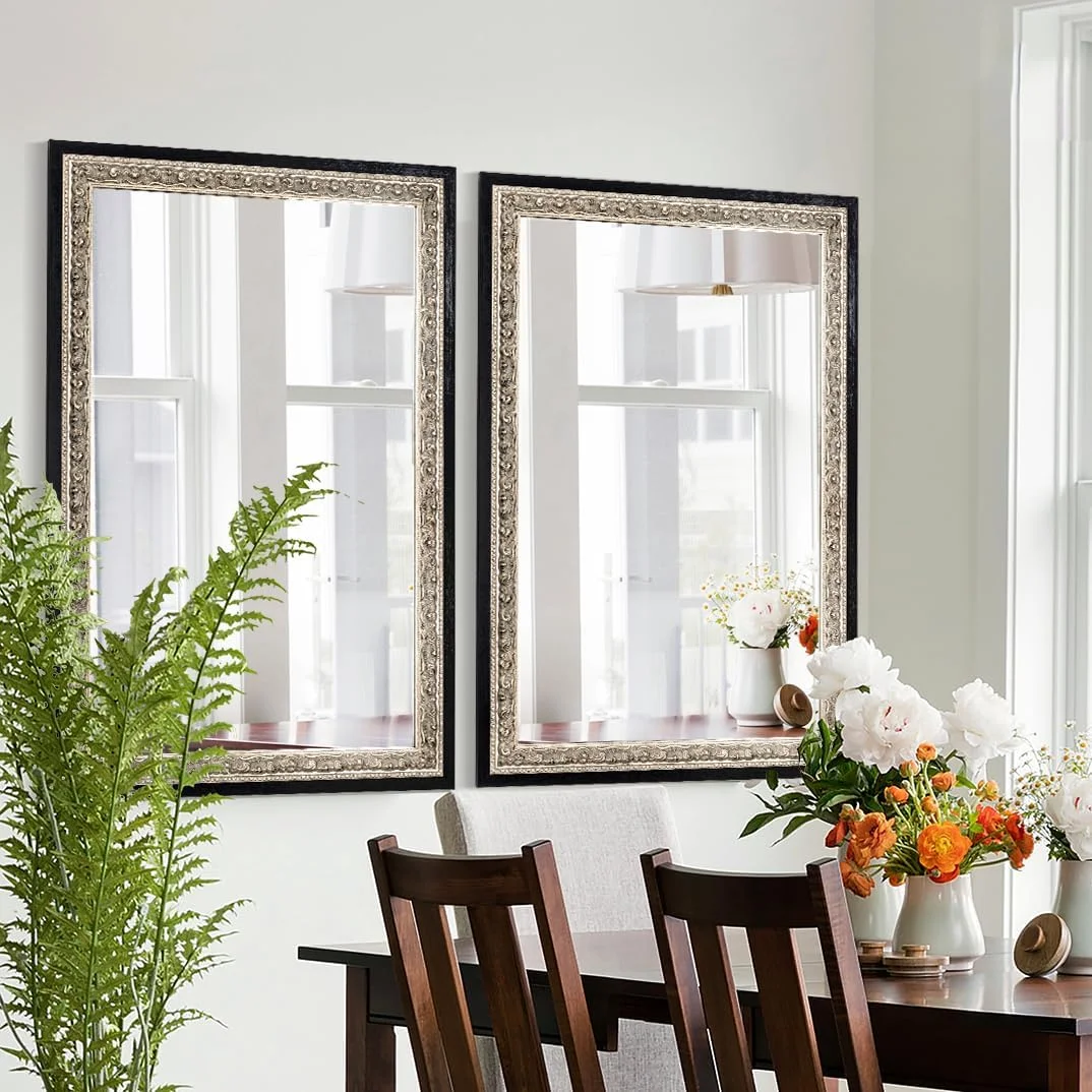 آینه آرایشی وینتیج Autdot، سایز 36 در 24 اینچ، آینه تزئینی مشکی با حکاکی های فویل نقره ای دست ساز و قاب چوبی برای اتاق نشیمن، ورودی و اتاق خواب آینه آرایشی وینتیج Autdot، سایز 36 در 24 اینچ، آینه تزئینی مشکی با حکاکی های فویل نقره ای دست ساز و قاب چوبی برای اتاق نشیمن، ورودی و اتاق خواب