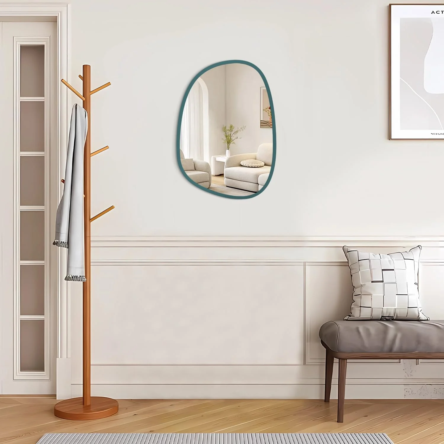 آینه نامتقارن مدرن آبی، آینه کوچک نامنظم برای دکور دیوار، آینه دیواری چوبی قاب دار، آینه بیضی شکل منحصر به فرد برای اتاق خواب، حمام، اتاق نشیمن، ورودی آینه نامتقارن مدرن آبی، آینه کوچک نامنظم برای دکور دیوار، آینه دیواری چوبی قاب دار، آینه بیضی شکل منحصر به فرد برای اتاق خواب، حمام، اتاق نشیمن، ورودی